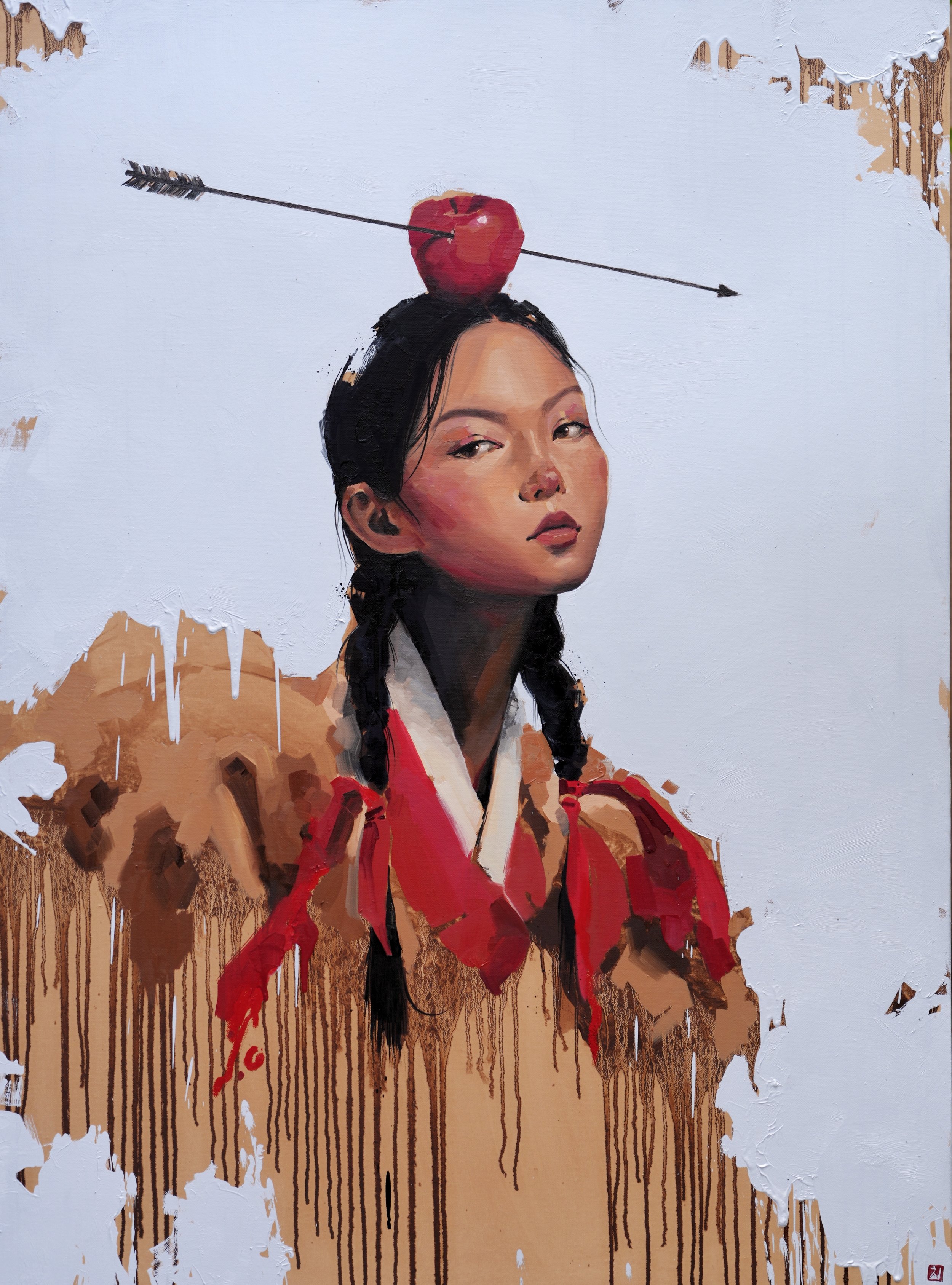 Girl in hanbok with long black braids, an arrow-pierced apple on her head, paint drips below – The Aftermath, oil on linen by Marina Ogai