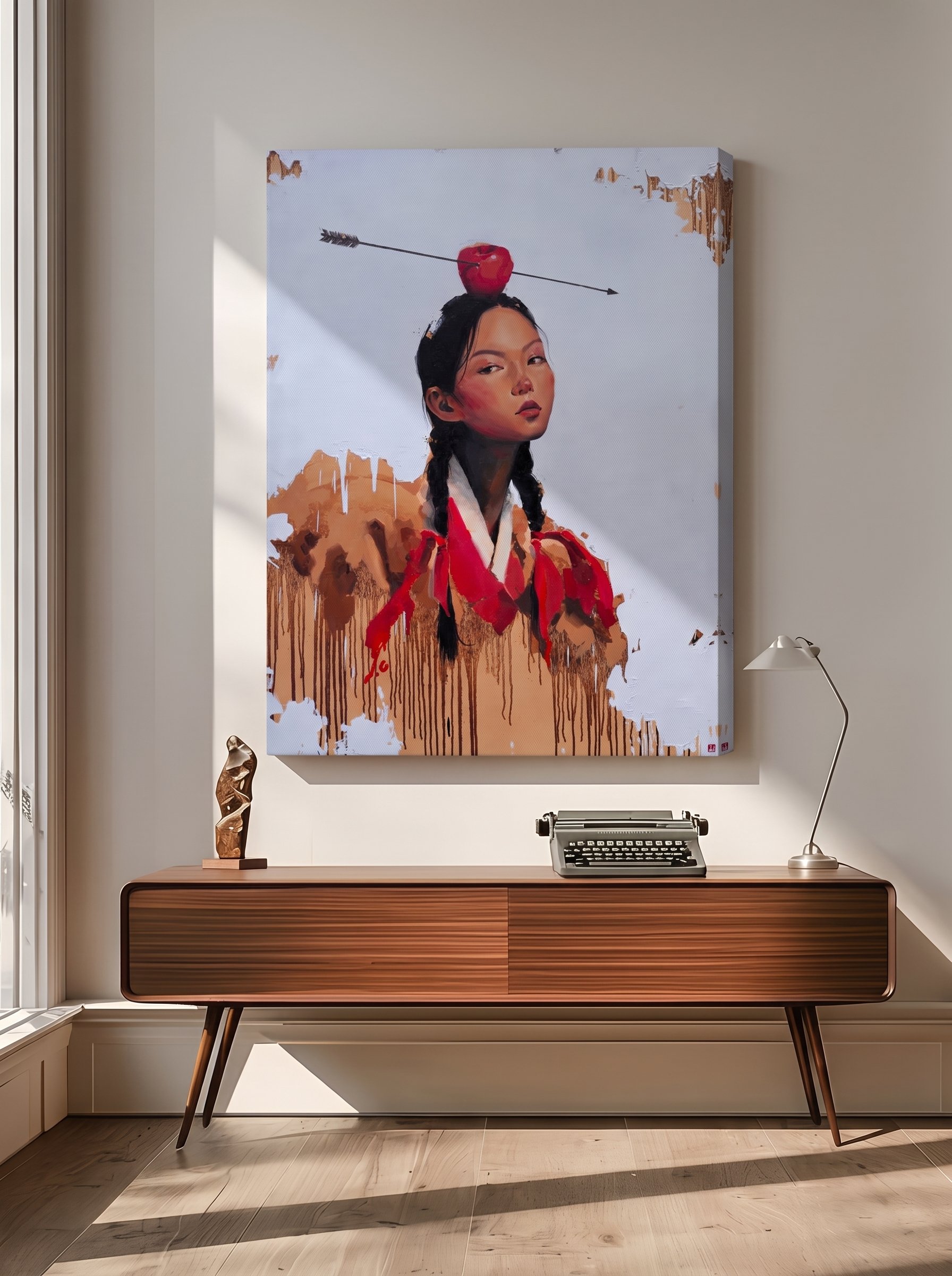 Room mockup of The Aftermath hung above a wooden console with a typewriter and desk lamp in soft window light – oil on linen by Marina Ogai