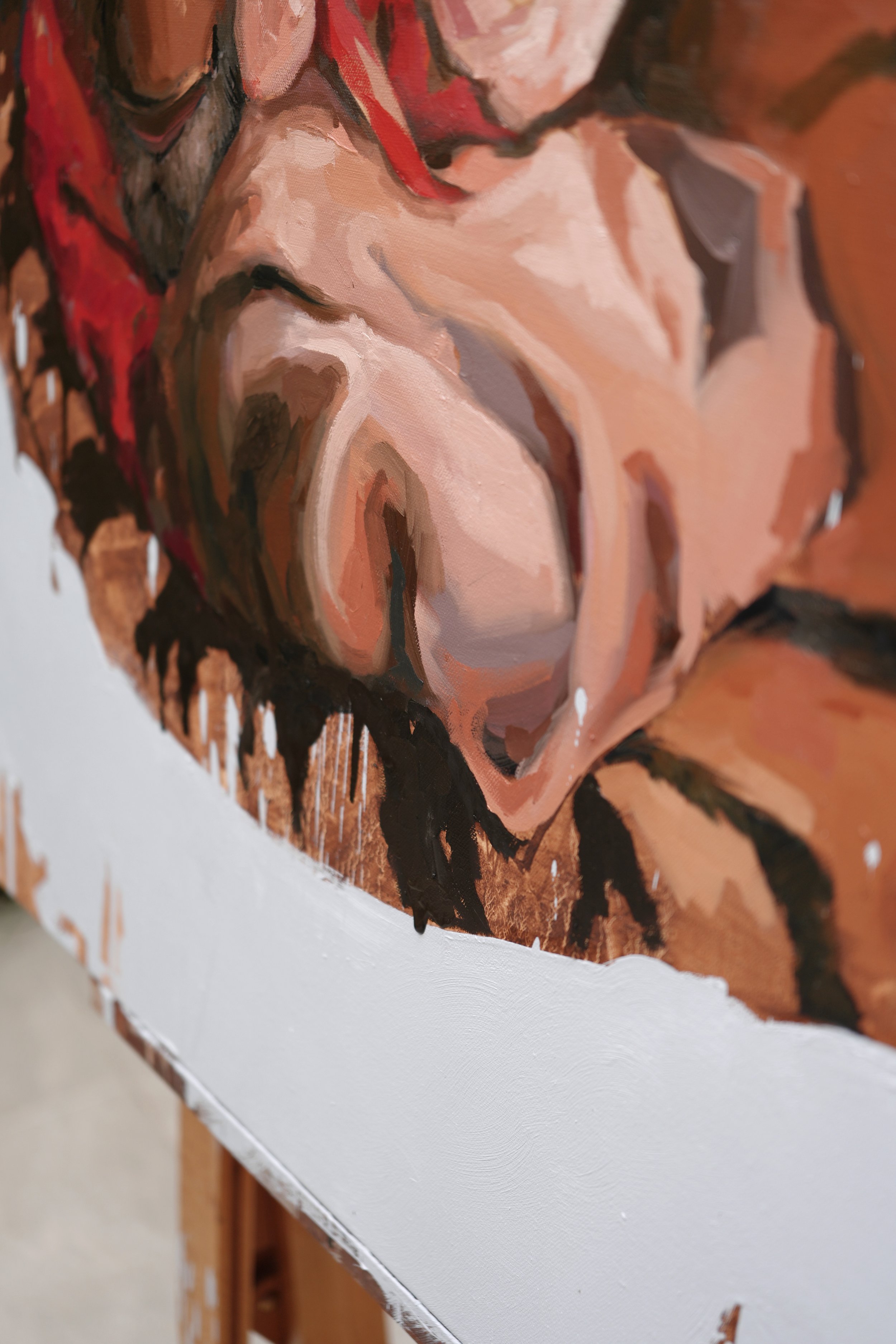 Detail of tiger stripes and loose oil drips on white ground, from Sanctuary by Marina Ogai