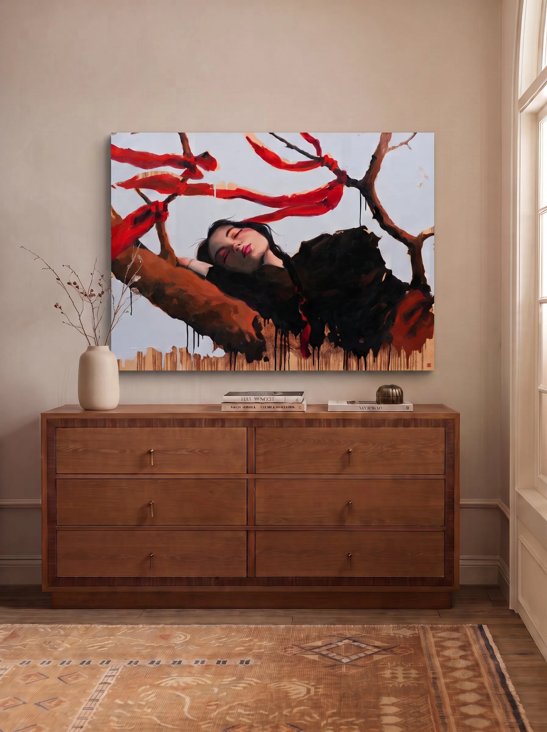 Room mockup: Shinmok by Marina Ogai hung above a wooden dresser