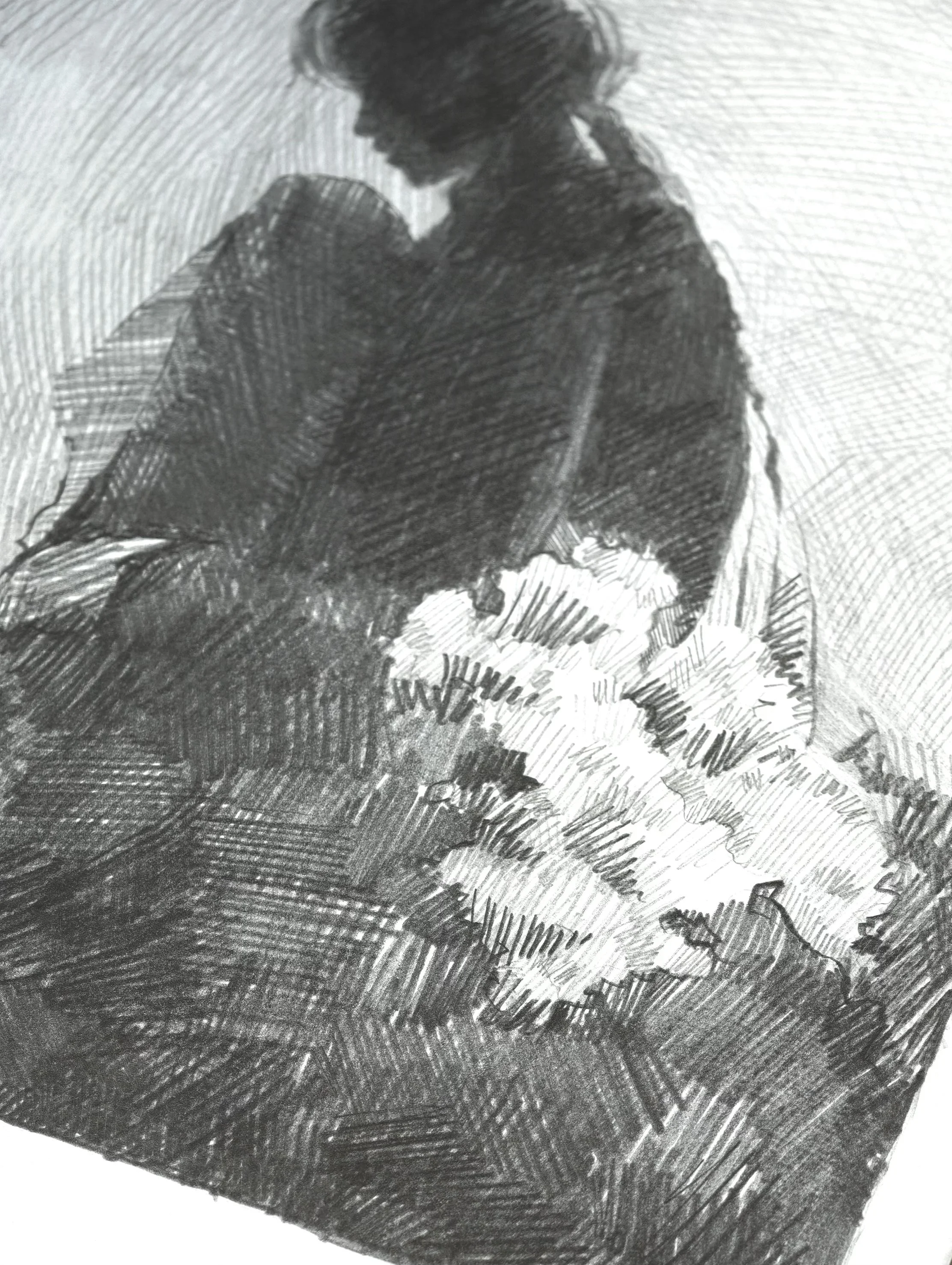 Dark shoulders and back leaning down toward a cluster of white blooms, worked in layered pencil hatching, Letting Go by Marina Ogai