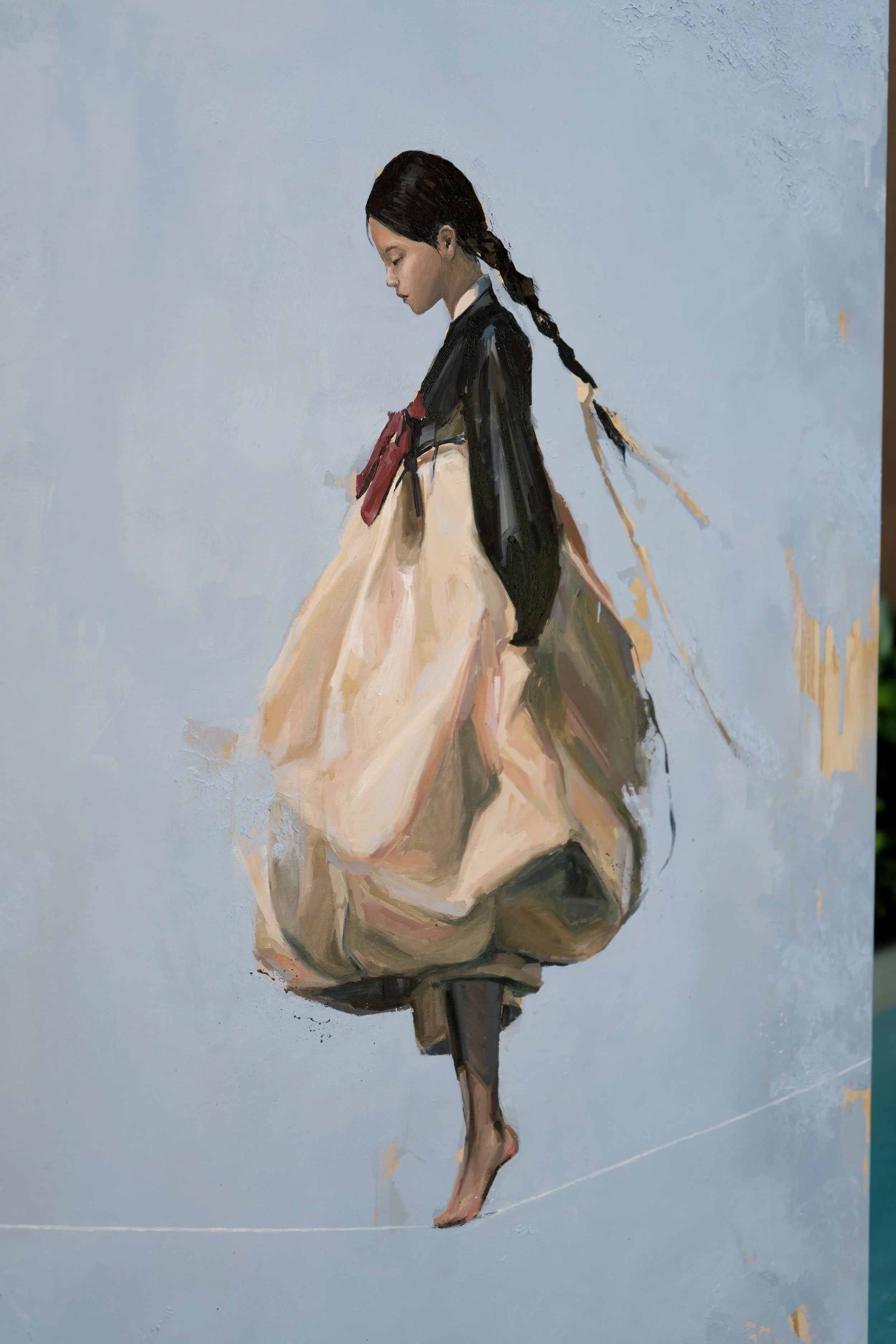 8. A woman in hanbok walking barefoot along a line on a pale blue wall, full view in oil, from Given by Marina Ogai