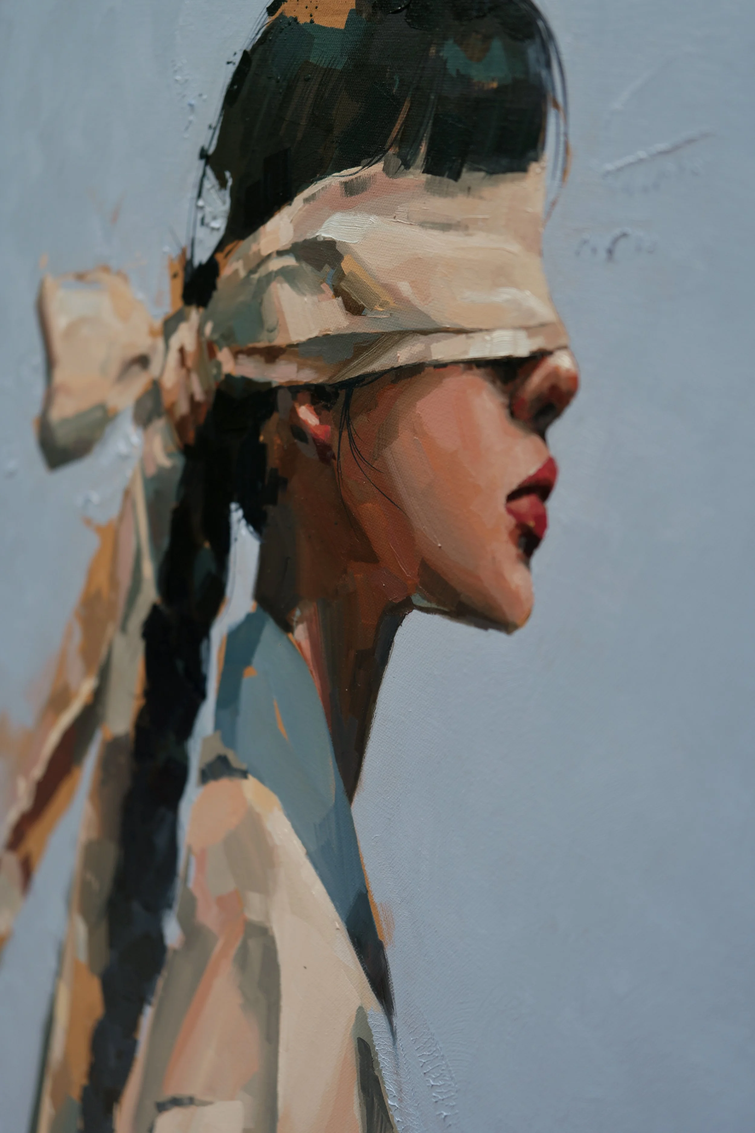 Head and shoulders in profile, ribbon tied over the eyes, chin lifted, oil on linen, from Given by Marina Ogai