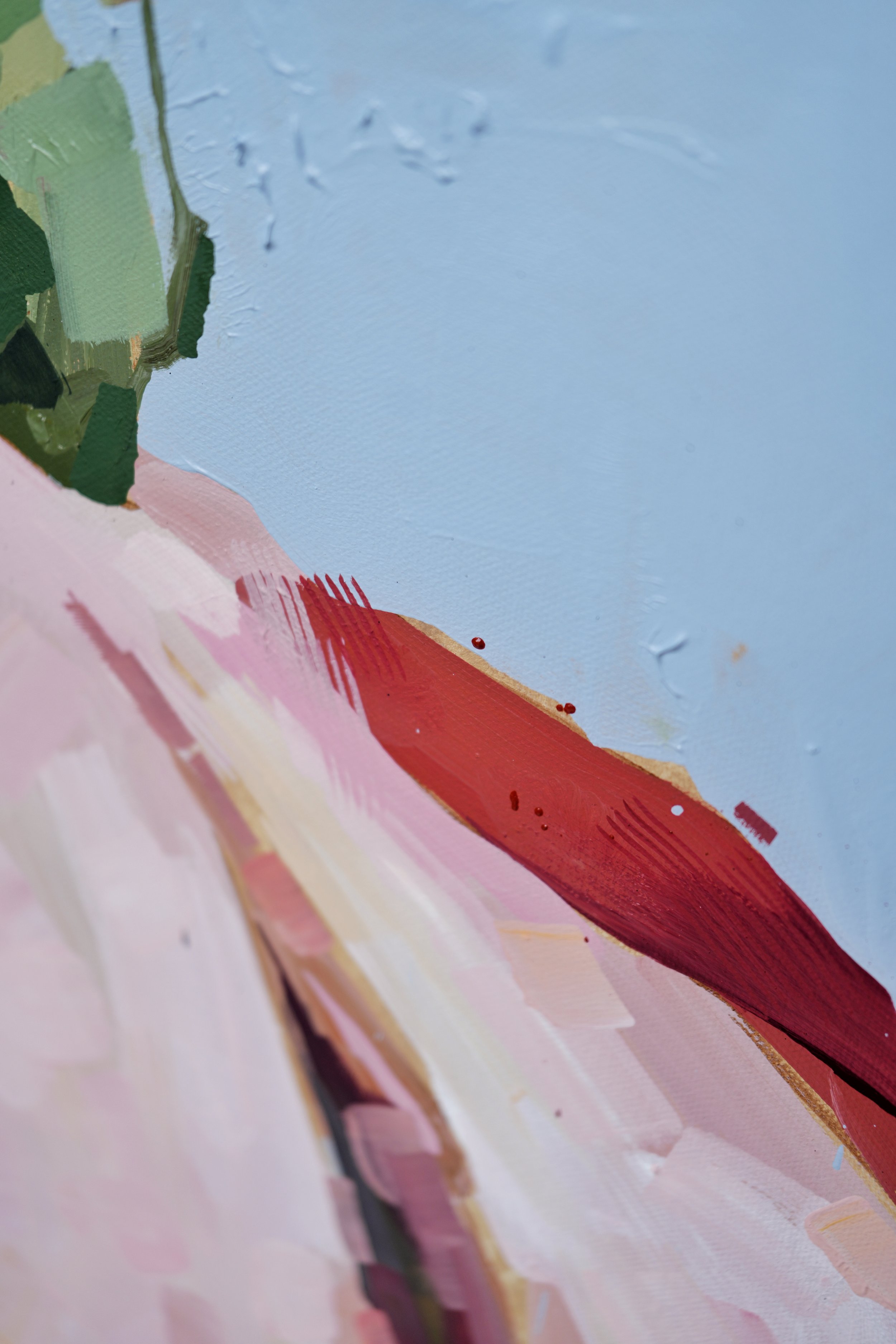 Detail of a pale pink skirt in layered oil brushstrokes over deep red, from the painting Garb by Marina Ogai, series Given