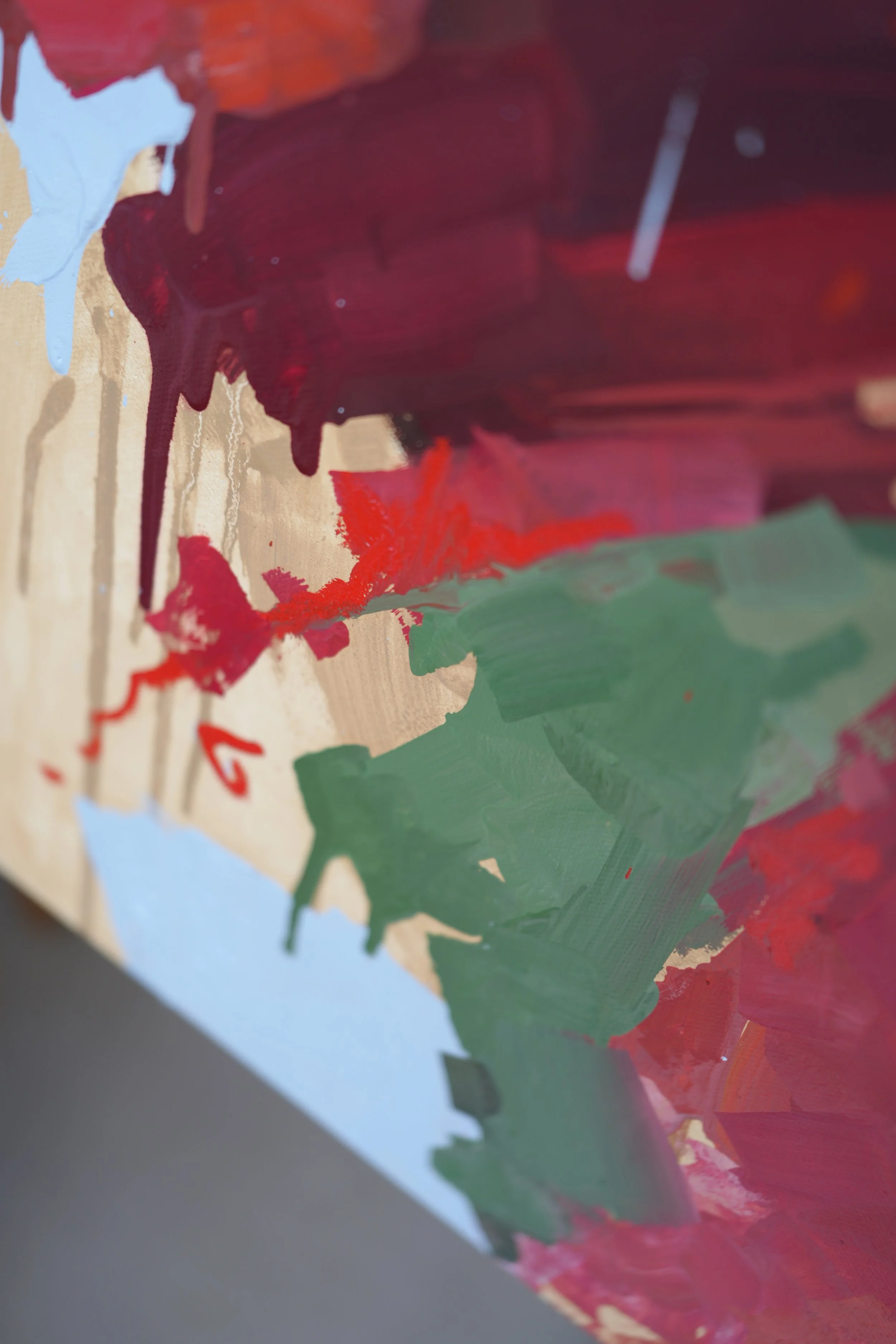 Detail of red, green and gold brushwork dripping behind the figure, oil on canvas, from Garb by Marina Ogai, series Given