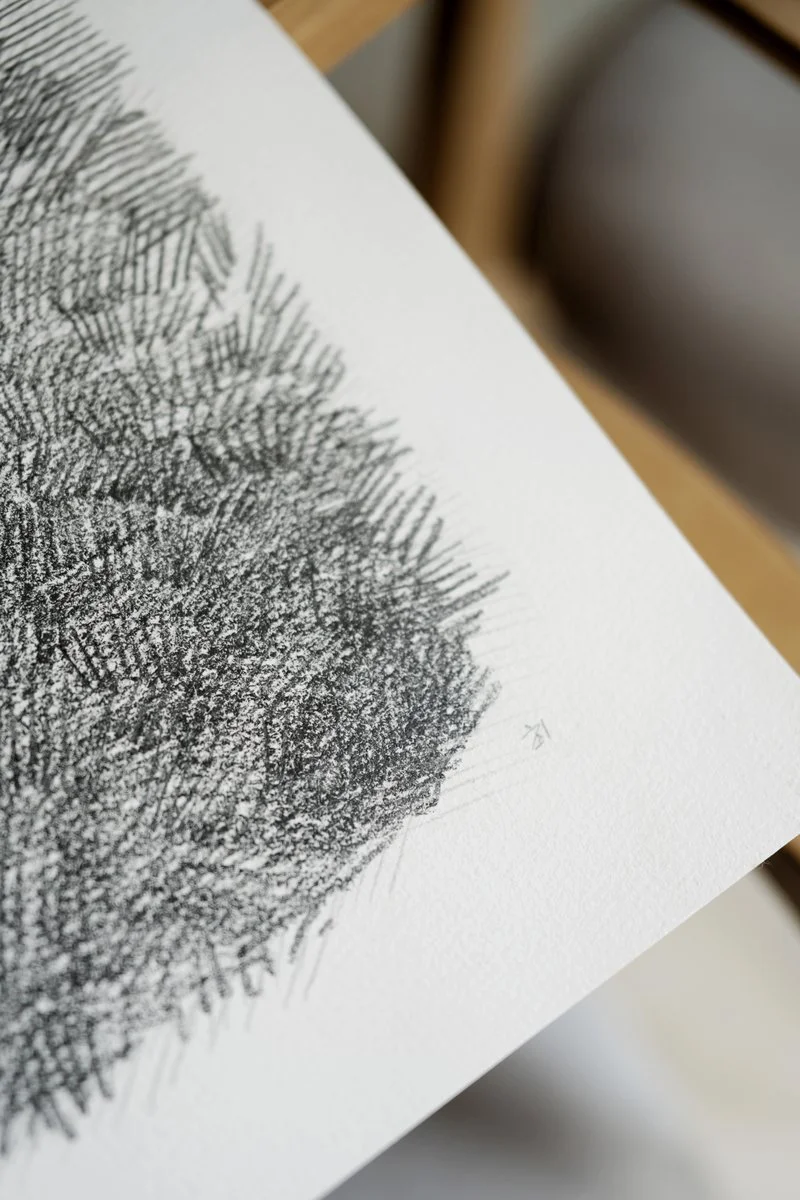 A young woman's profile in motion with a second faint profile behind her, dense pencil hatching, from The In-Between by Marina Ogai