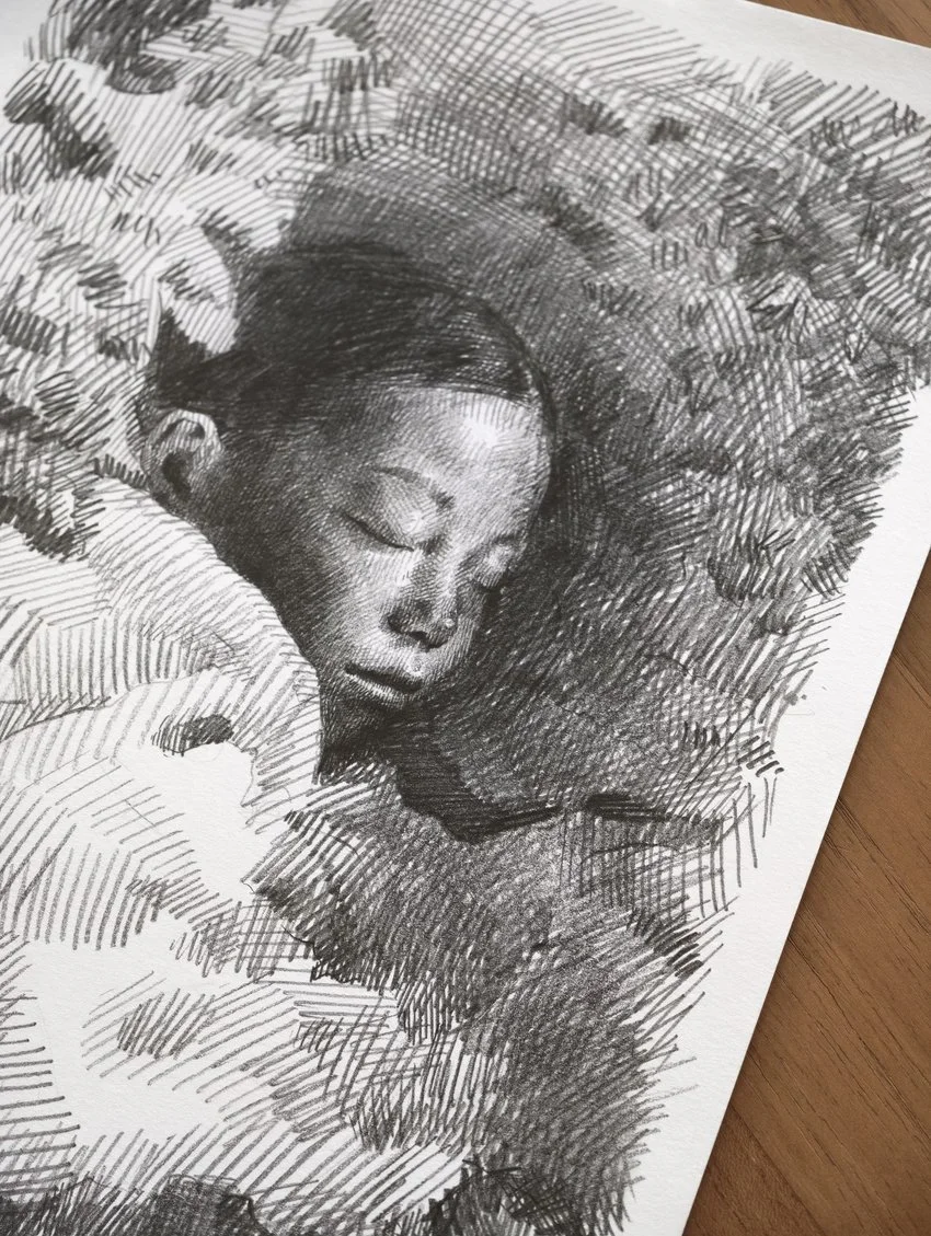 Sleeping child's face with closed eyes, framed in dense pencil hatching, from The In-Between by Marina Ogai