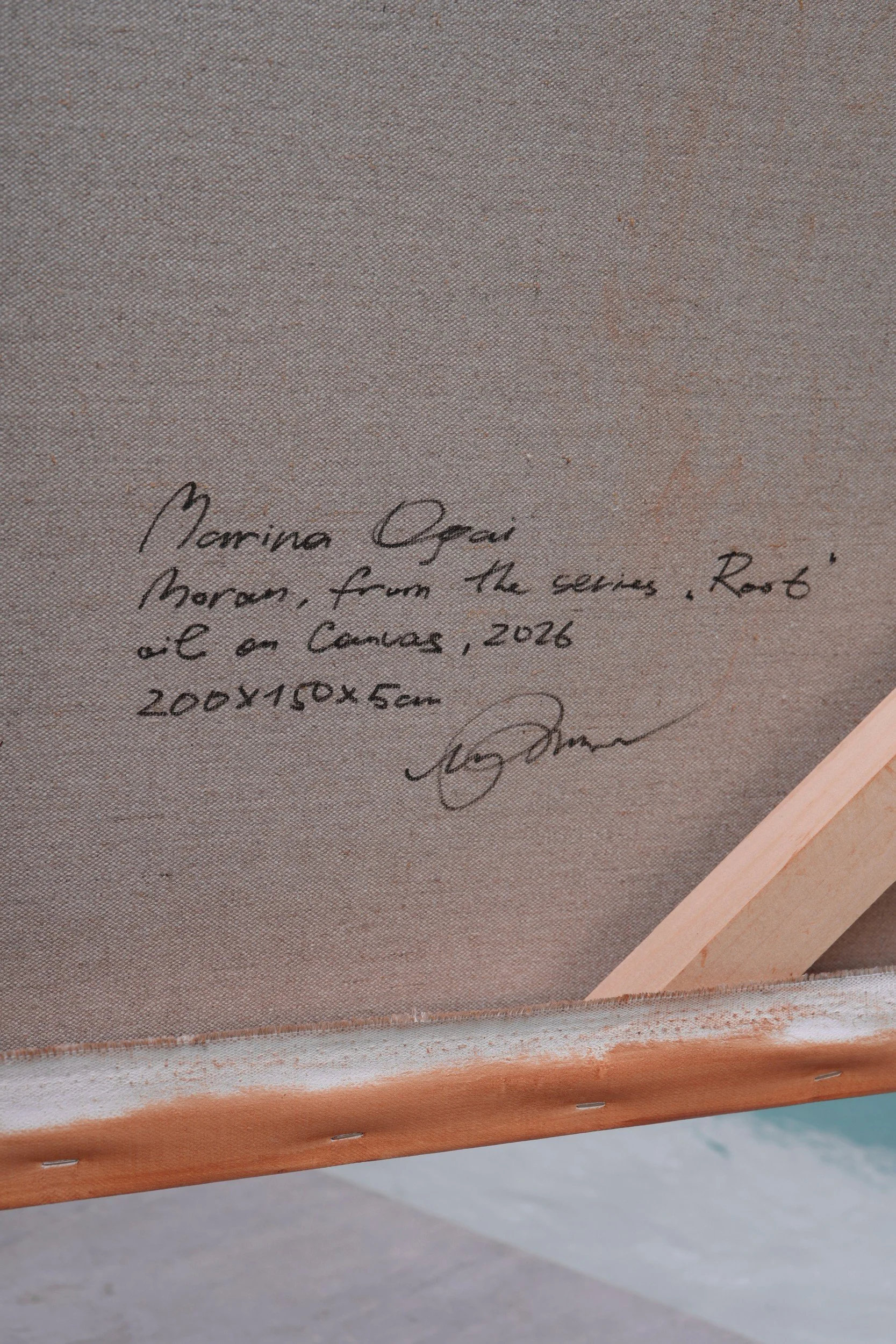 Moran – the back of the canvas, signed and inscribed by hand with the title, series, medium, year and size