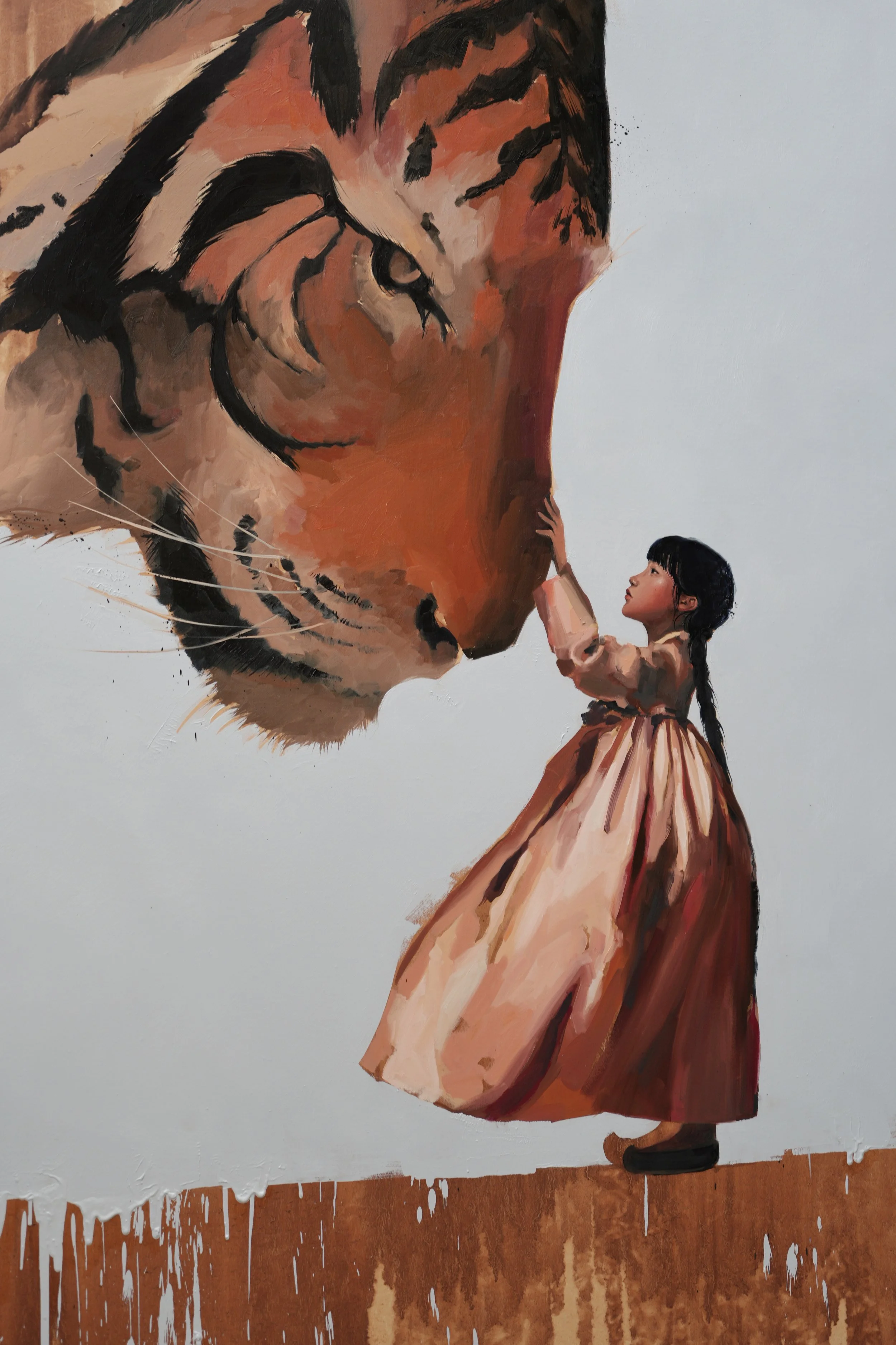 Detail: the tiger lowers its head with half-closed eyes as the small girl touches its nose, oil on linen by Marina Ogai