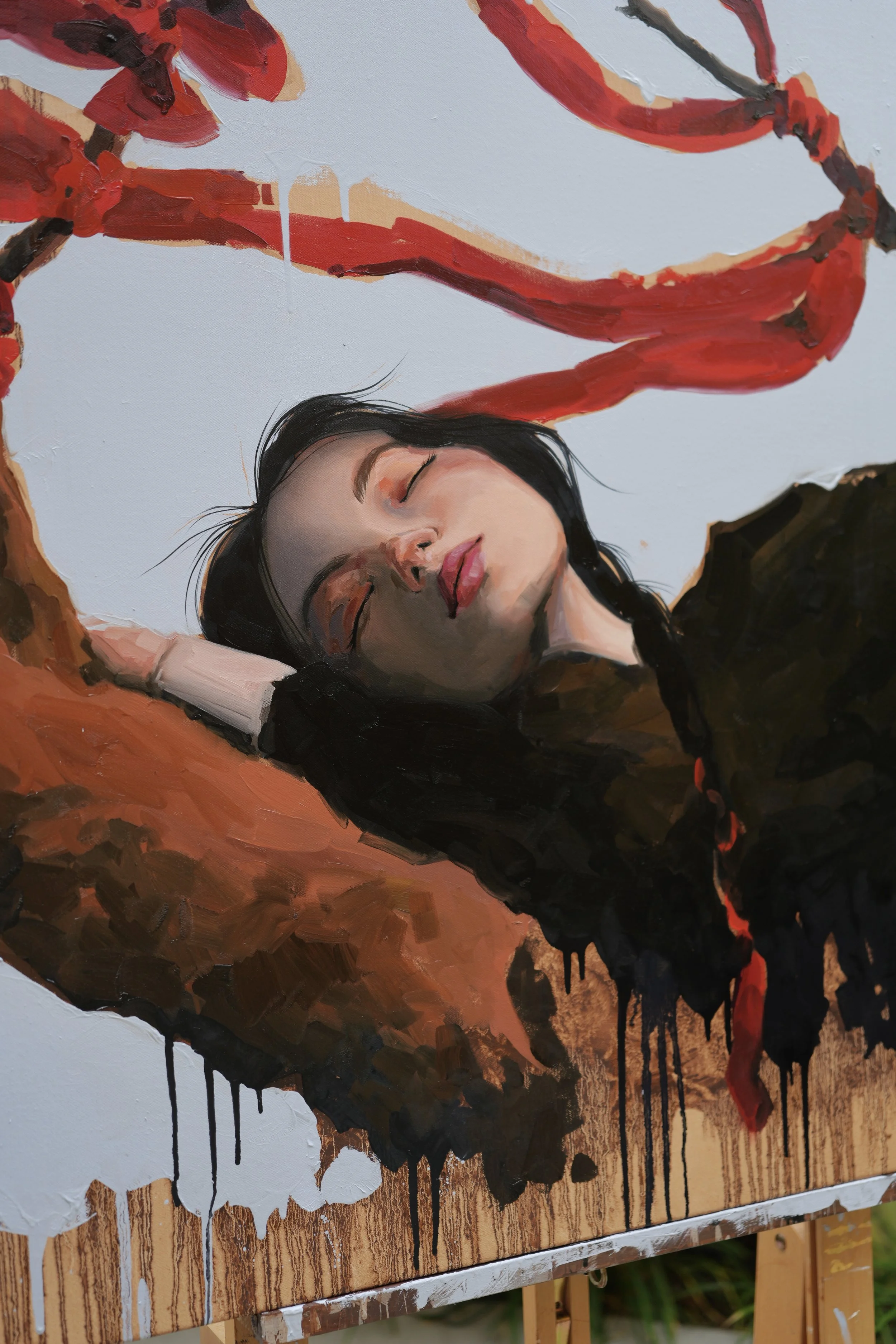 A woman with long black hair sleeps on a thick tree branch tied with red ribbons, oil on linen, Shinmok from Given by Marina Ogai