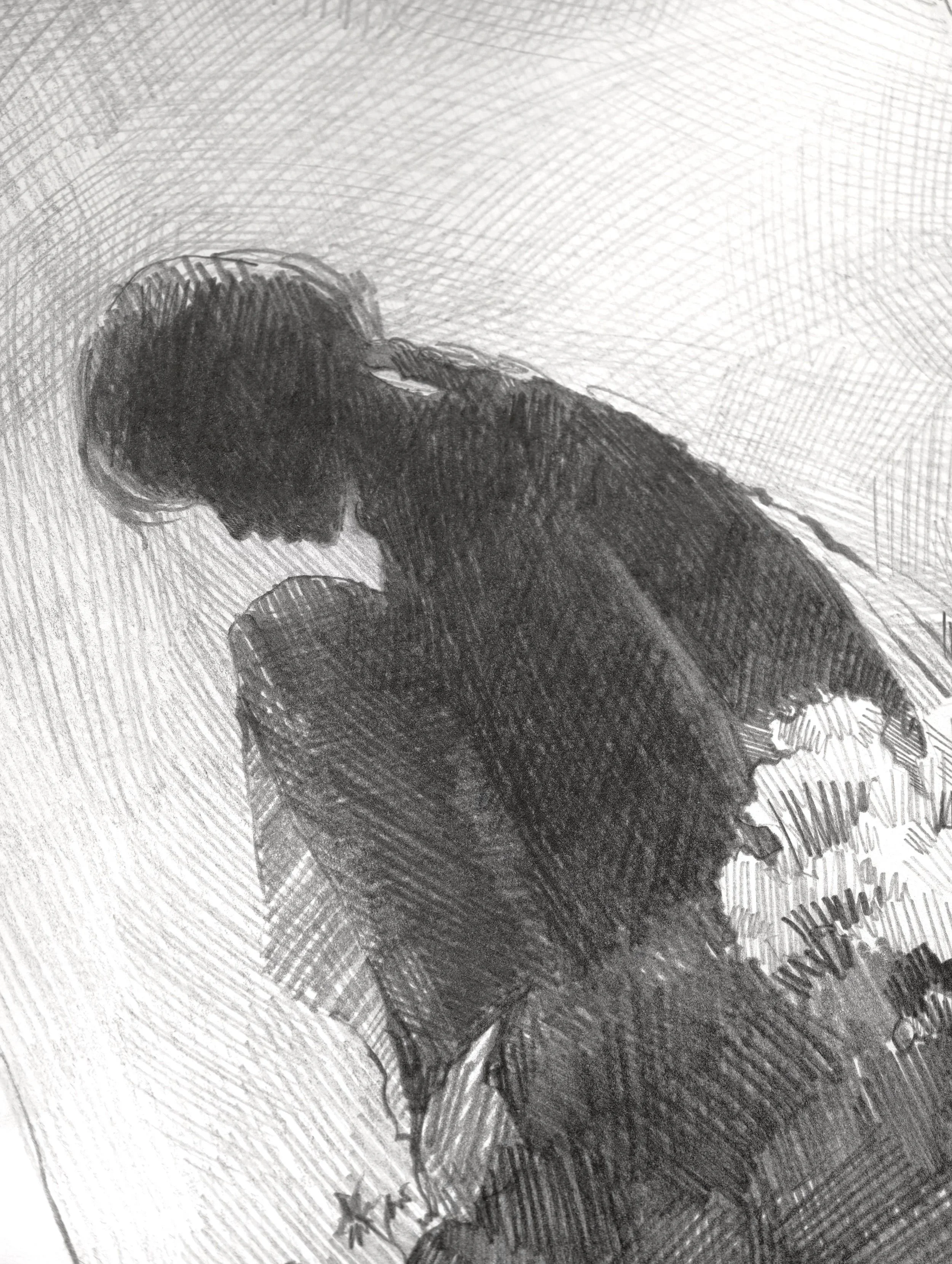 A head and torso bent low over the ground, silhouette built from dense graphite strokes, from The In-Between by Marina Ogai