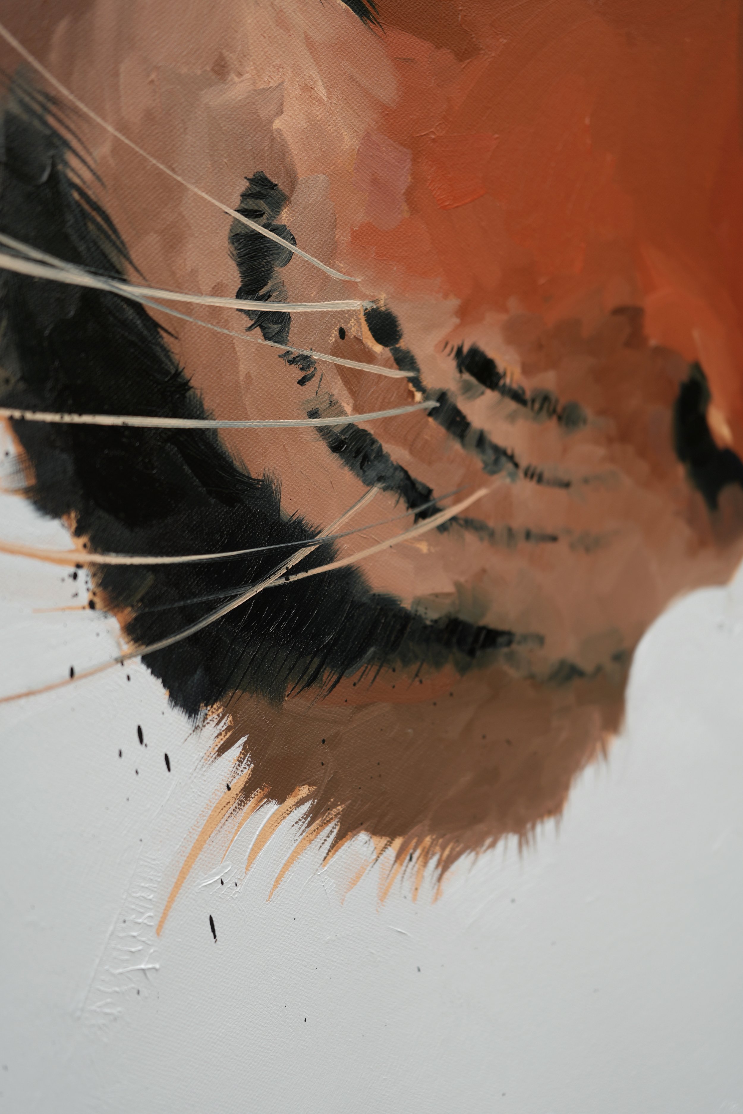Close-up of the tiger's muzzle with long white whiskers and loose brushwork, Horangi by Marina Ogai