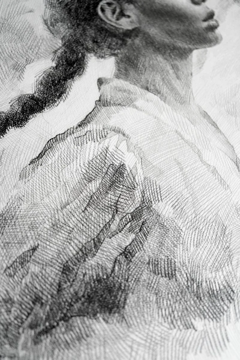 A young woman's profile in motion with a second faint profile behind her, dense pencil hatching, from The In-Between by Marina Ogai