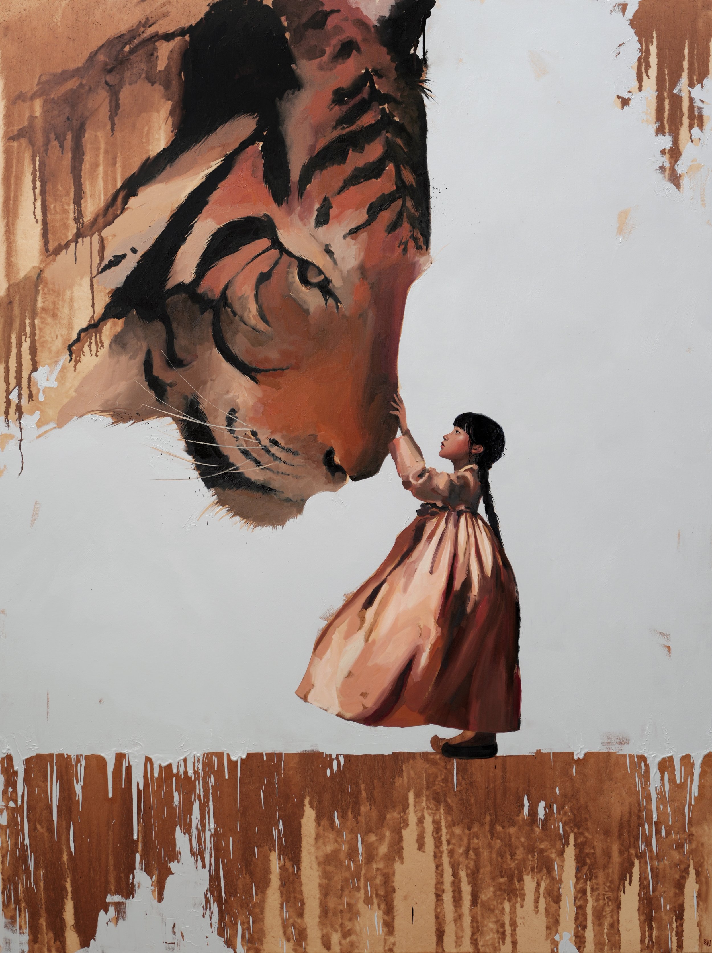 A small girl in a pink hanbok stands on a ledge of rust-coloured drips and reaches up to touch the nose of a giant tiger, from Given by Marina Ogai