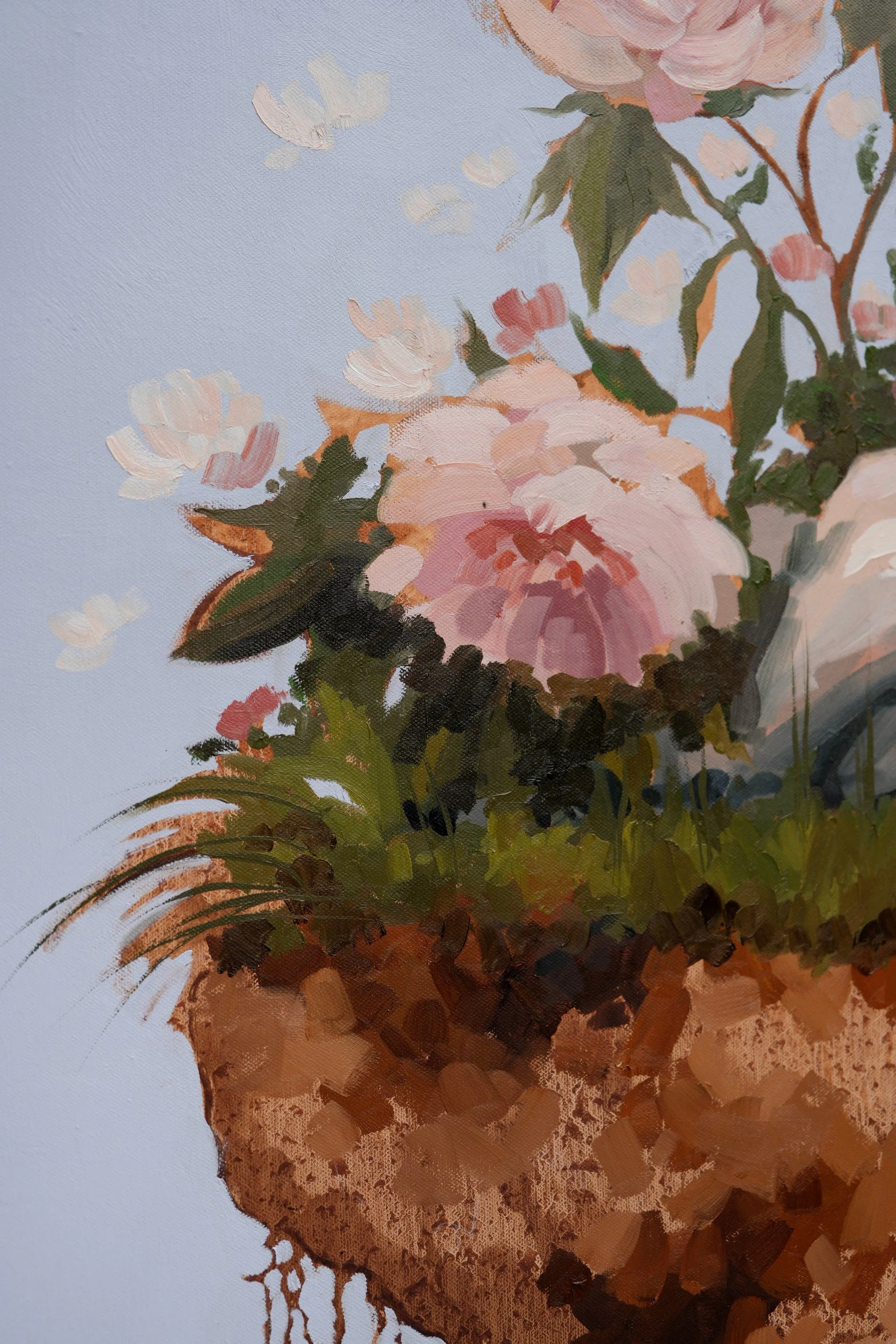Moran, detail – pale pink peonies blooming on the grassy edge of the floating earth, oil on linen by Marina Ogai