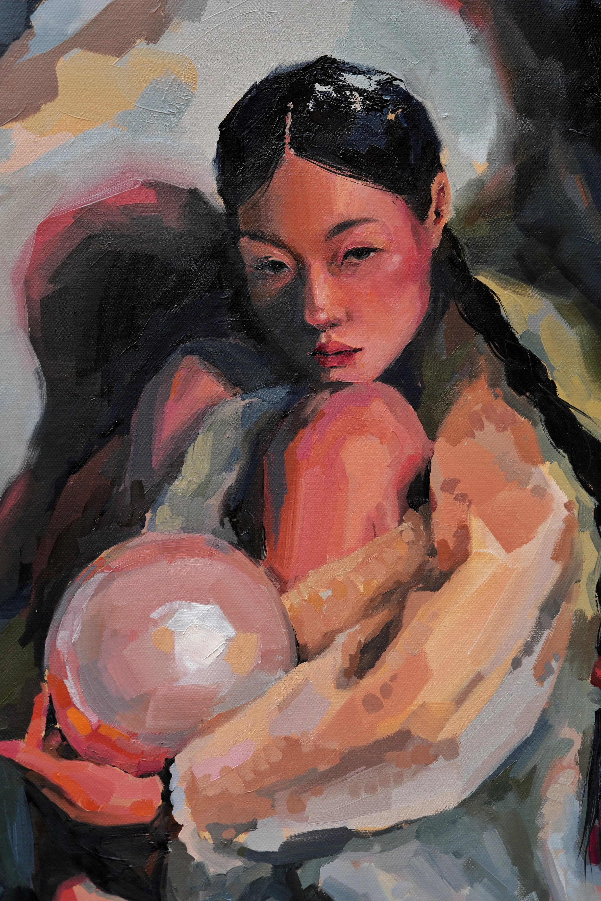 Formation, detail – her face resting on a bare knee above a glowing pink pearl, thick oil brushwork