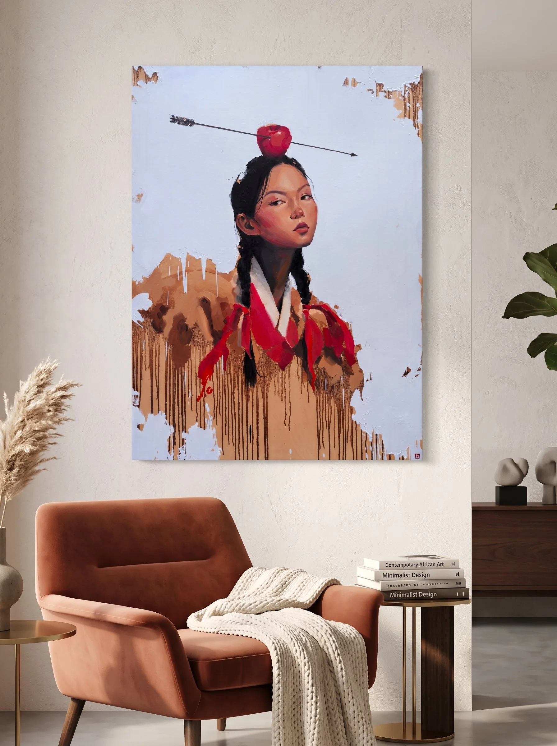 Room mockup of The Aftermath above a brown leather armchair with a knit throw, pampas grass and books – oil on linen by Marina Ogai