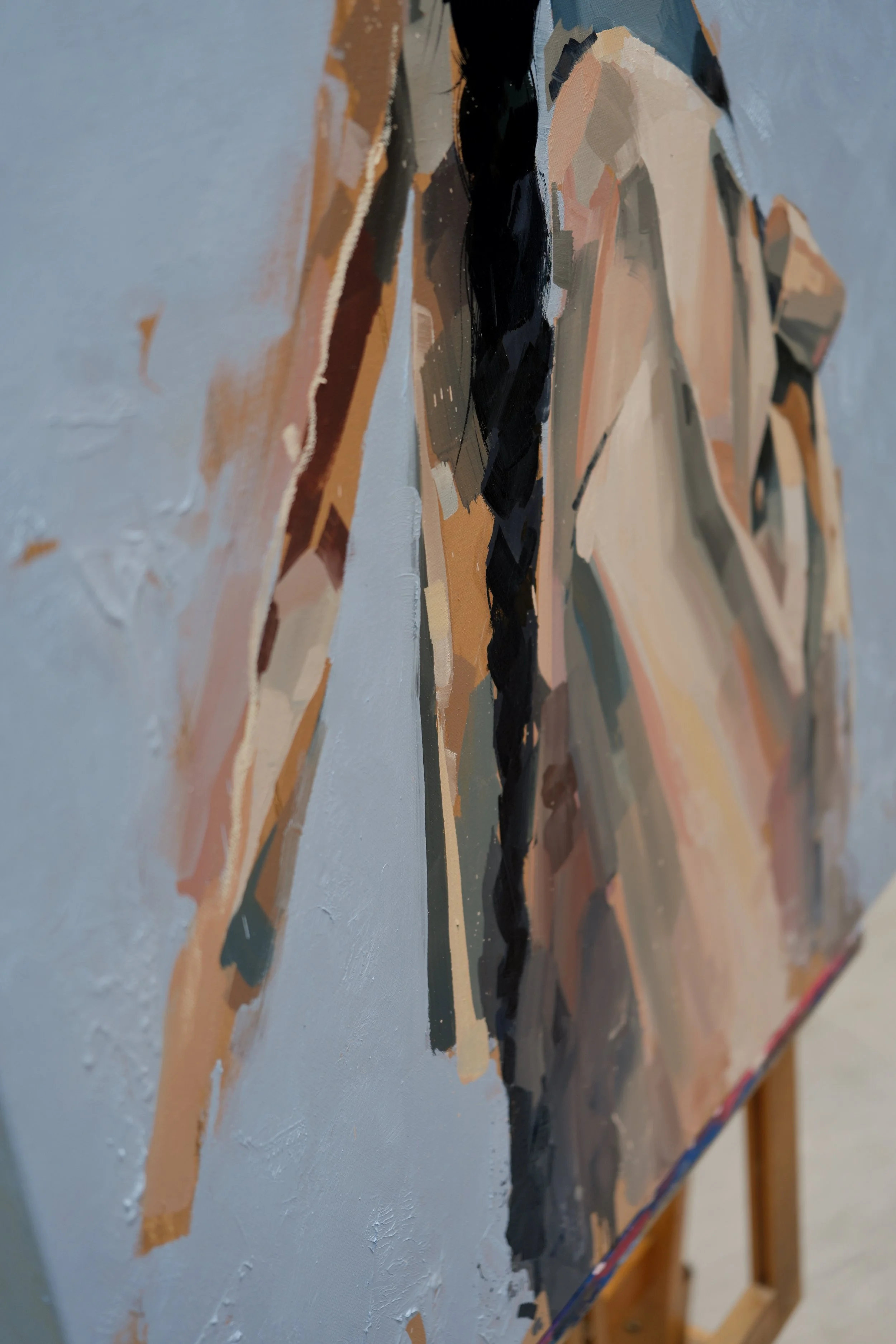 Detail of pale hanbok folds against a soft grey-blue ground, layered oil strokes and ochre marks, from Given by Marina Ogai