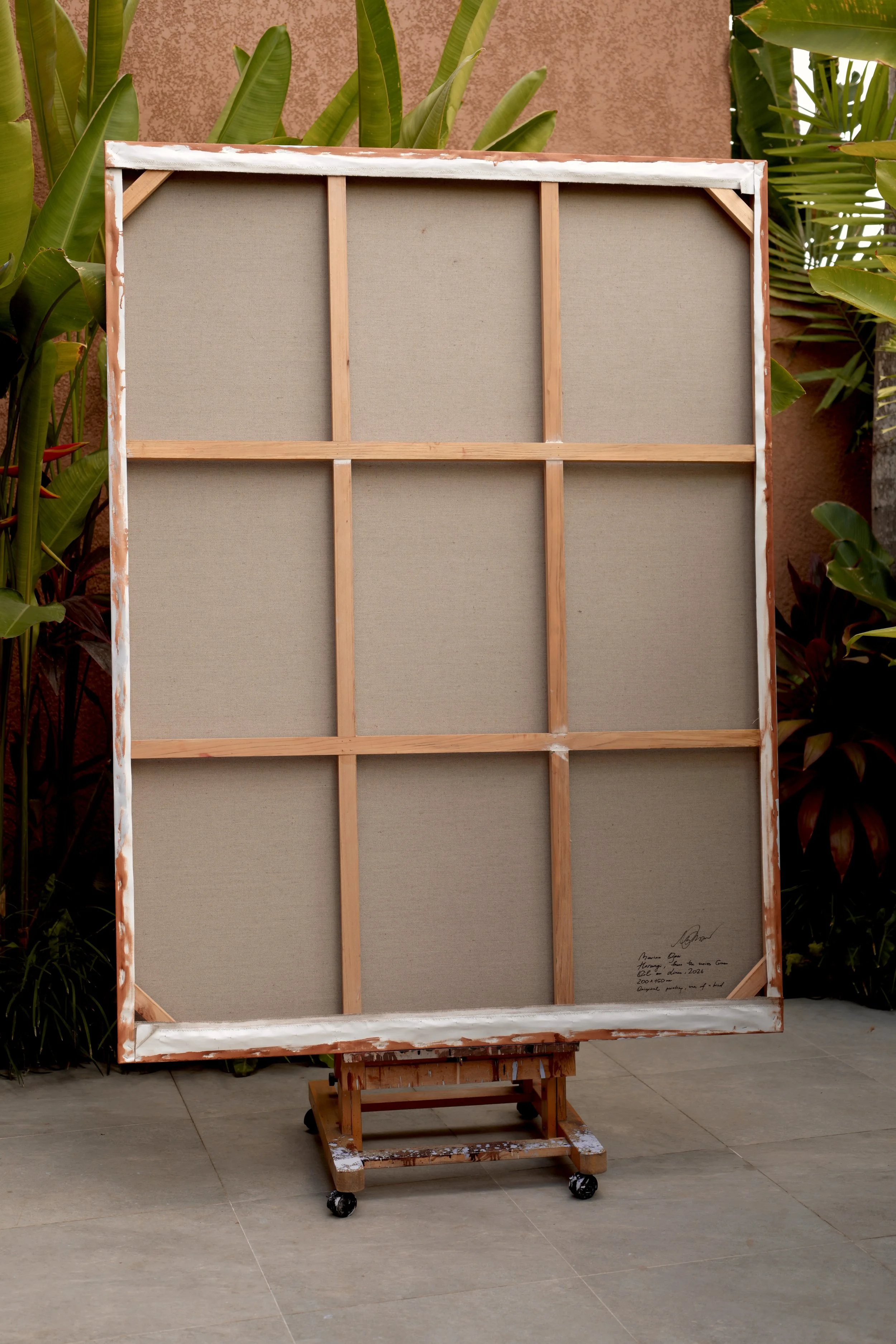 Back of the canvas showing the wooden stretcher with cross braces, original painting Horangi by Marina Ogai