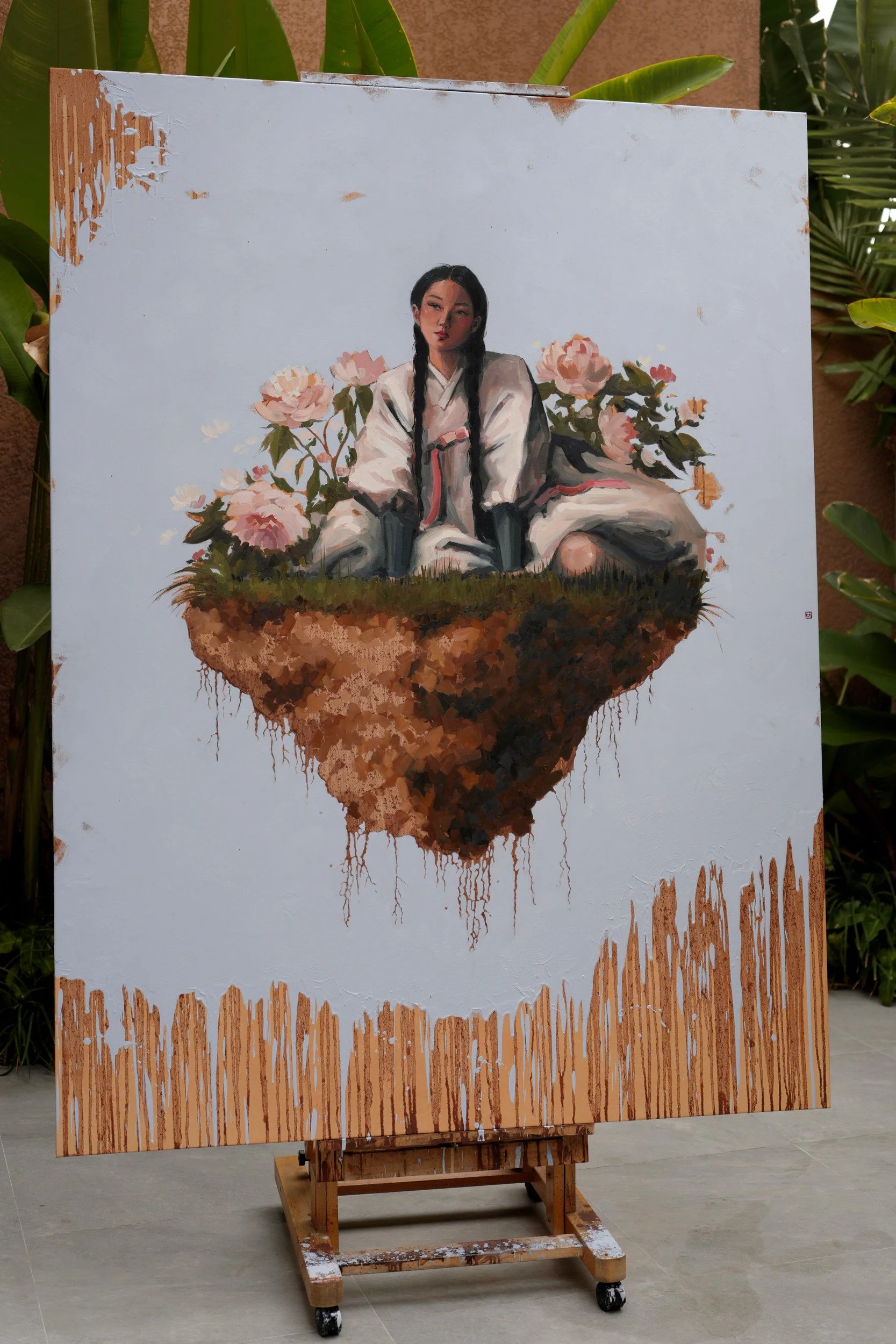 Moran by Marina Ogai – the 200 × 150 cm canvas on the studio easel, photographed outdoors