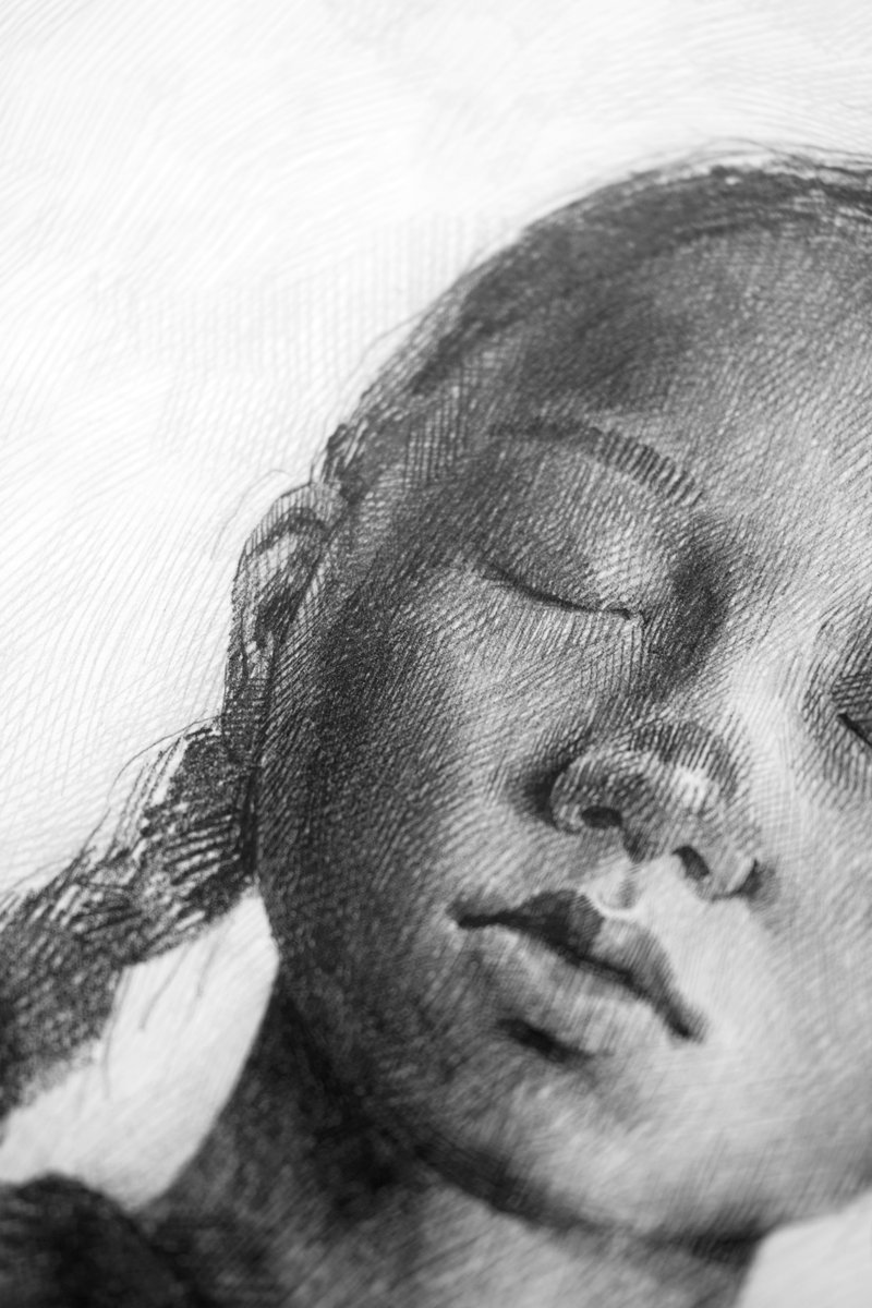 A young girl with braids and closed eyes below a wide sky of clouds, dense pencil hatching, from The In-Between by Marina Ogai
