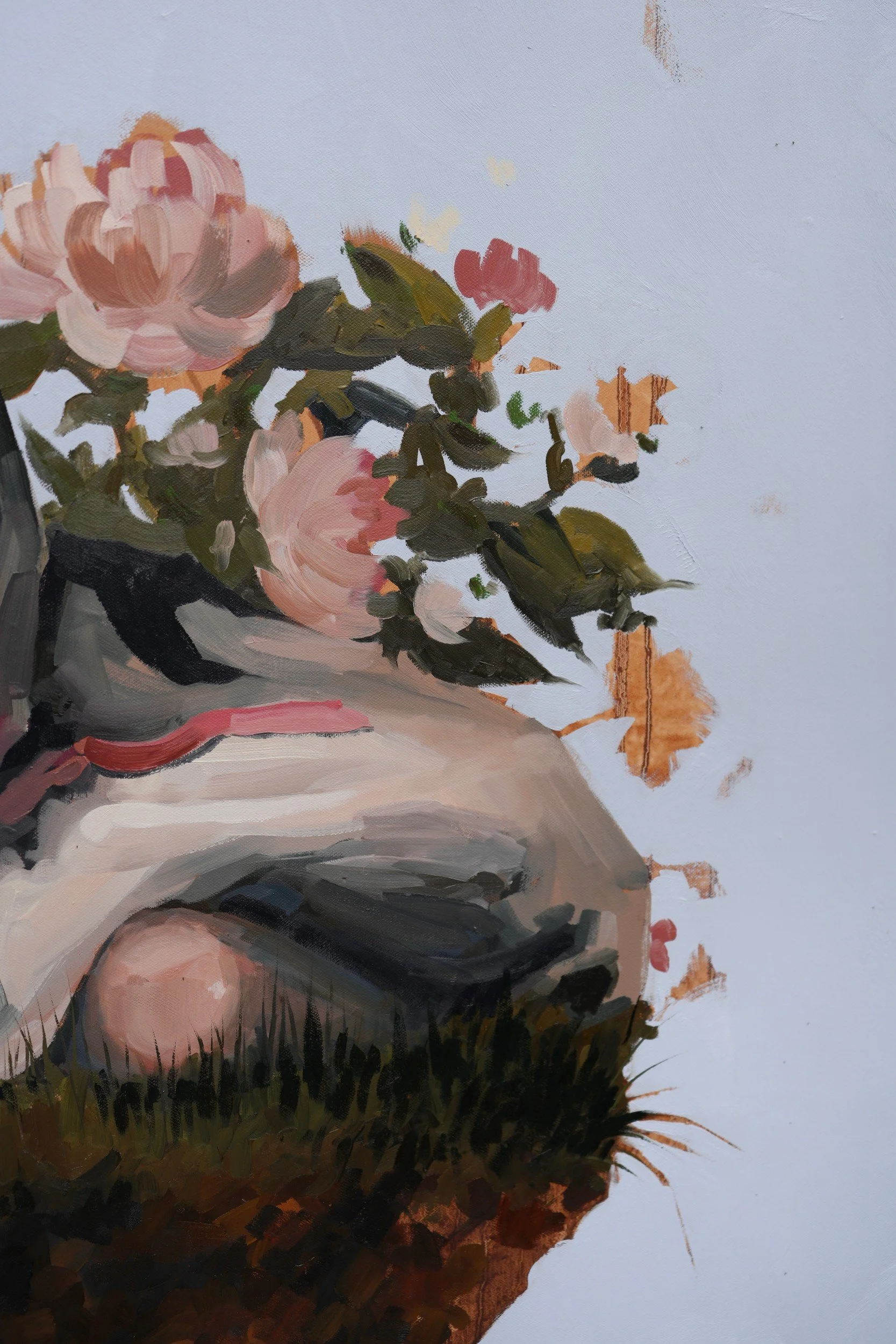 Moran, detail – pale pink peonies and green leaves beside the folds of the milky hanbok, oil on linen by Marina Ogai