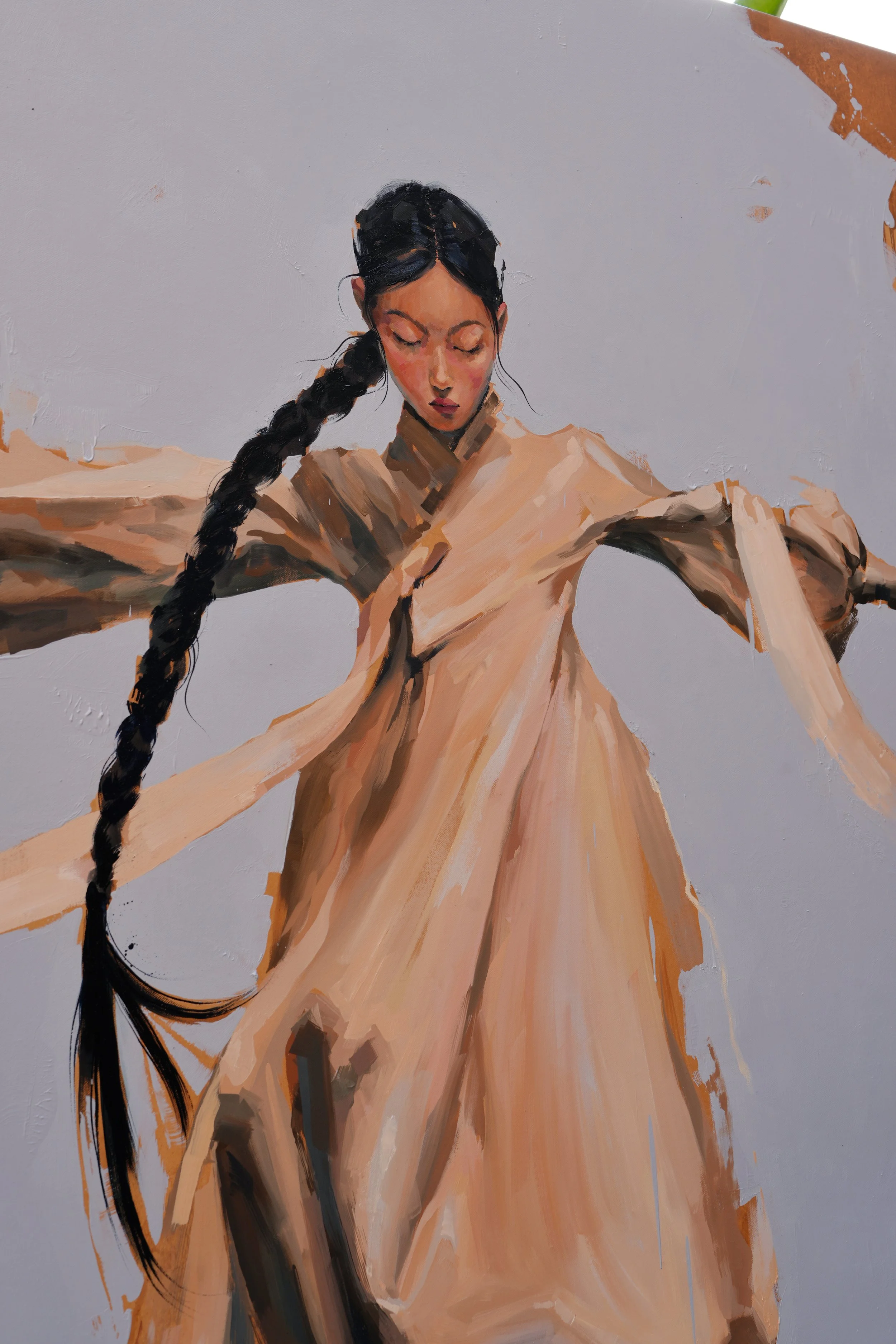 A girl in hanbok with arms outstretched and a braid sweeping across her body, oil on linen, from Given by Marina Ogai