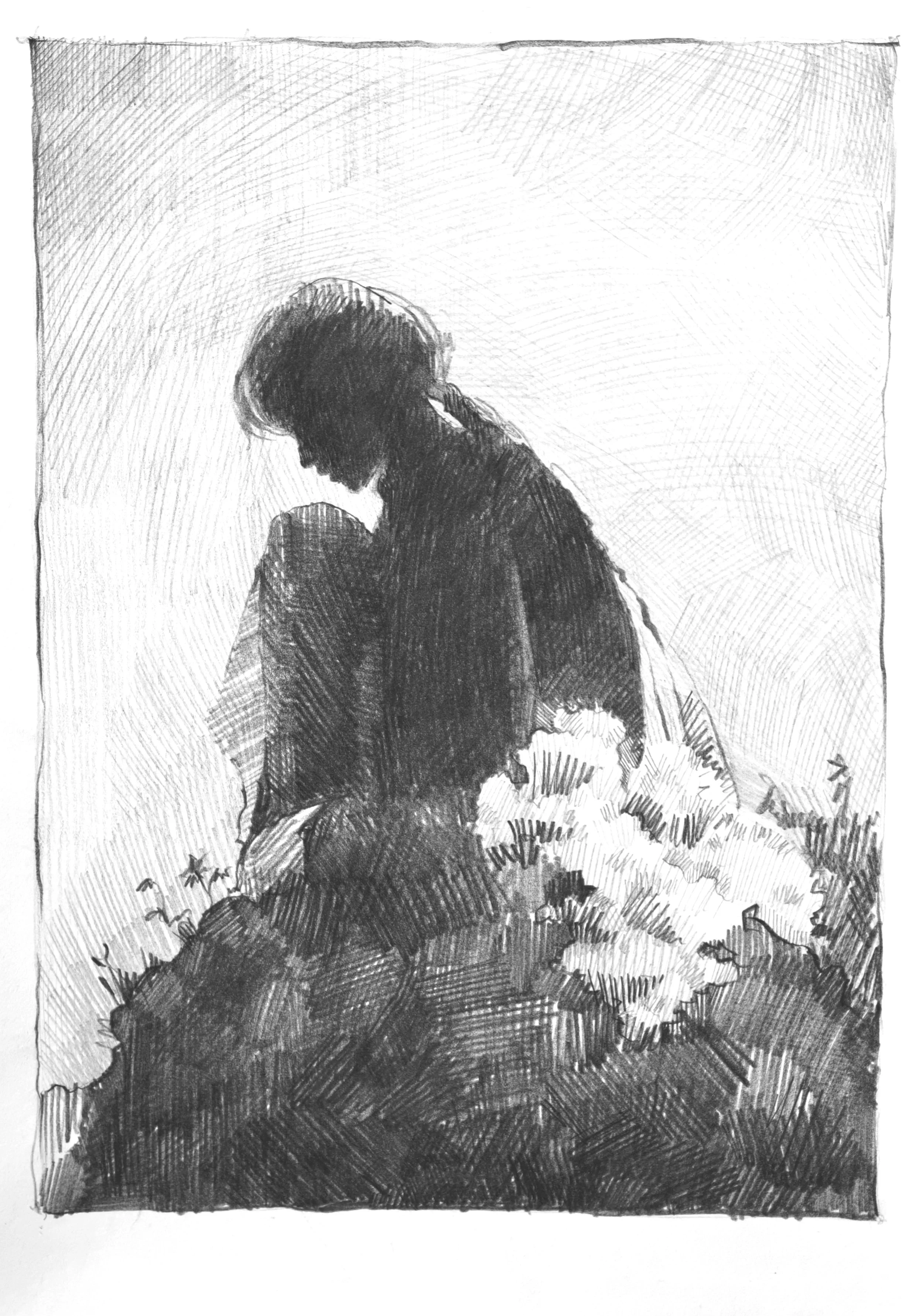 A bowed figure kneeling over pale flowers on a dark mound, dense pencil hatching, from The In-Between by Marina Ogai
