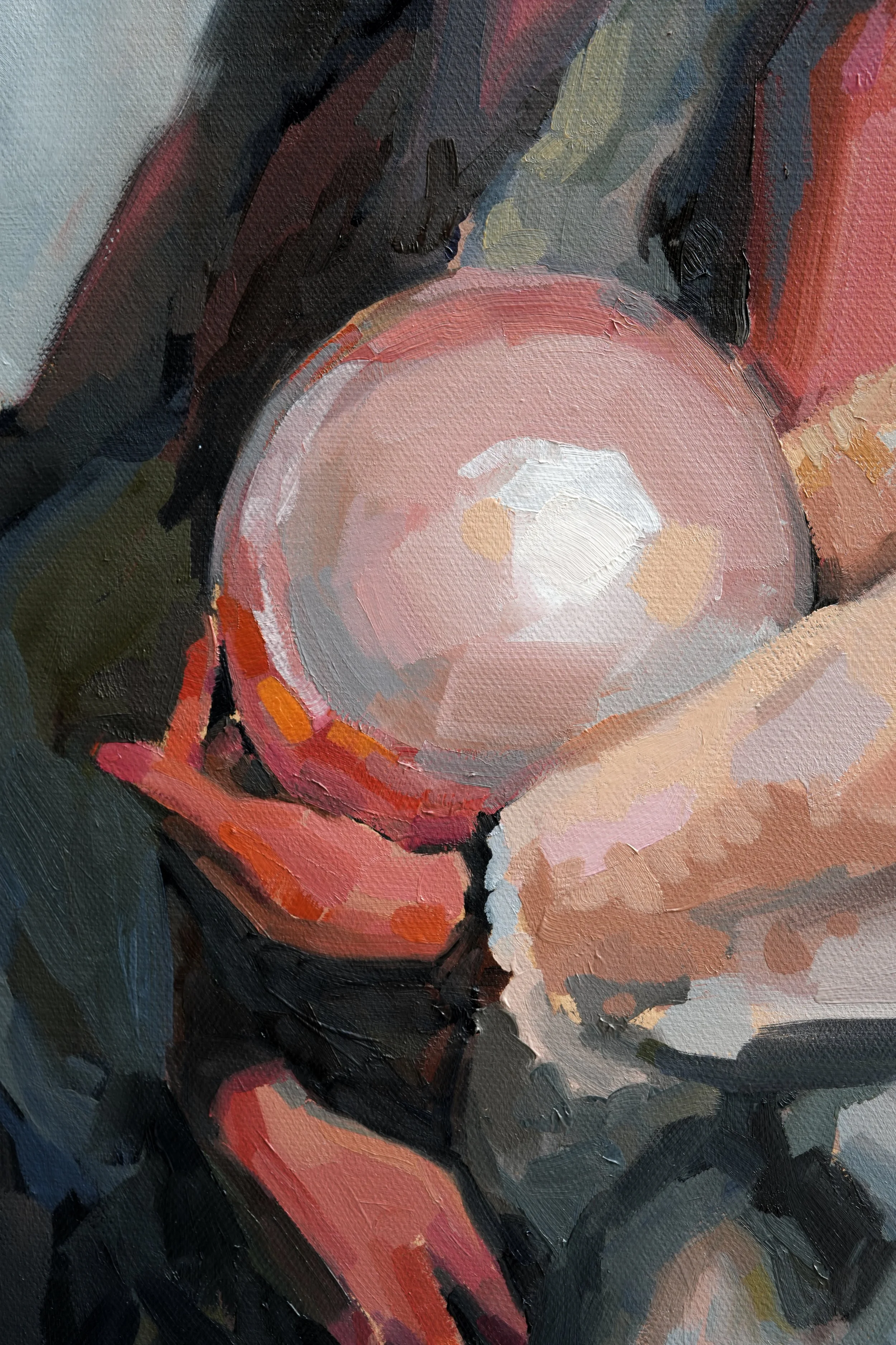 Formation, detail – hands holding a pink pearl with a white highlight, painted in loose oil strokes
