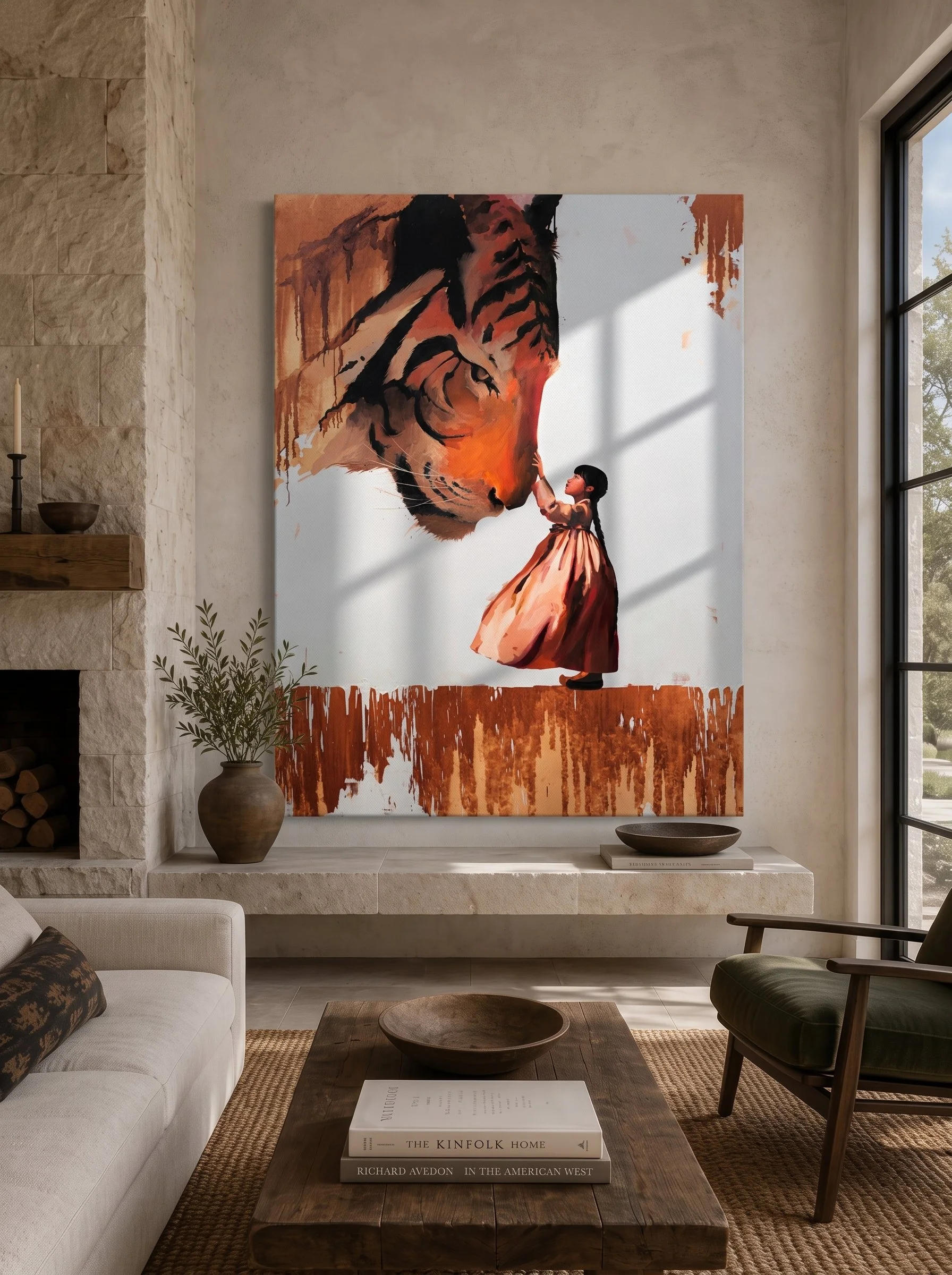 Horangi above a low sofa in a stone-walled living room with a fireplace, interior visualisation, by Marina Ogai