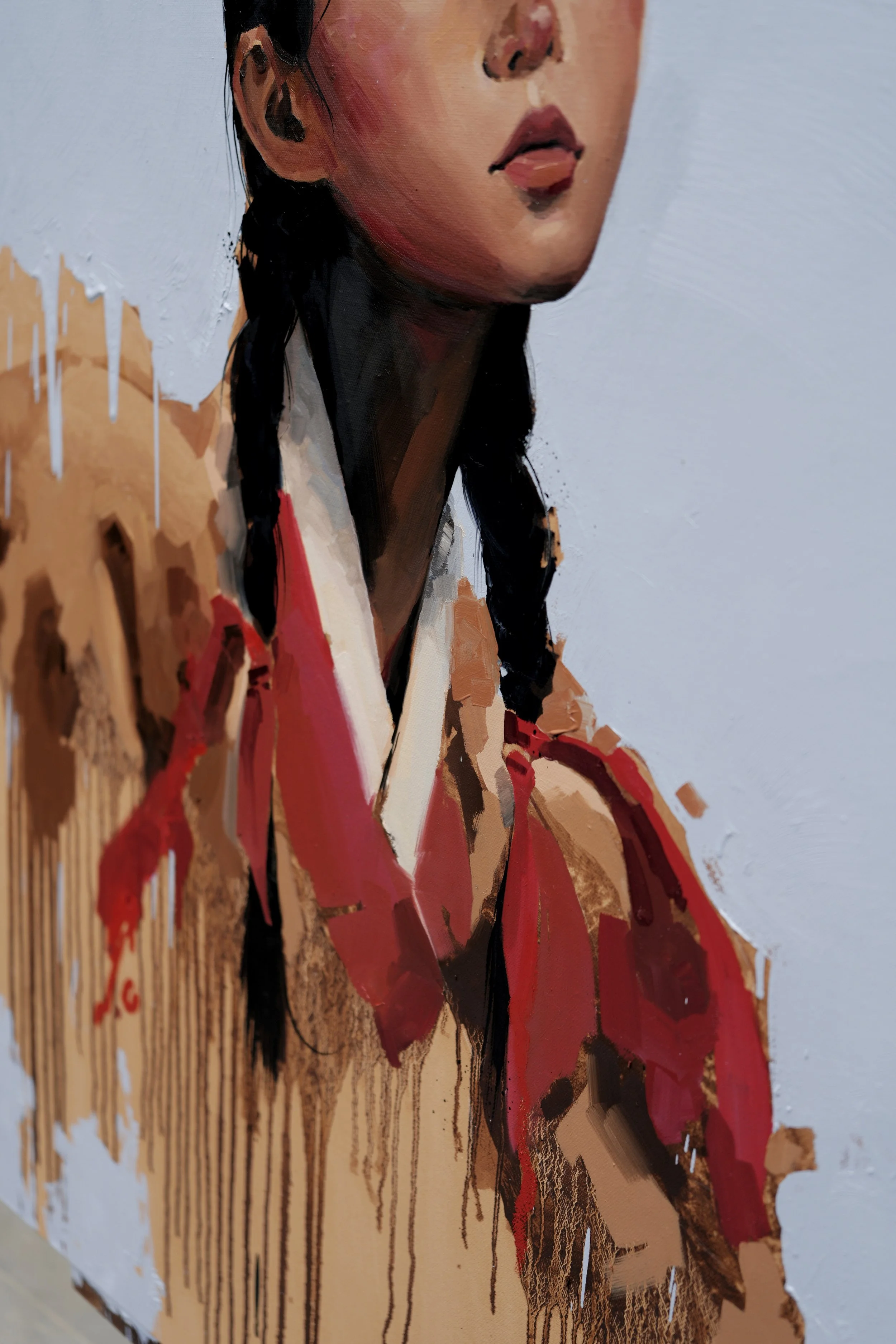 Black braids over a red and white hanbok collar with dripping paint – detail of The Aftermath by Marina Ogai