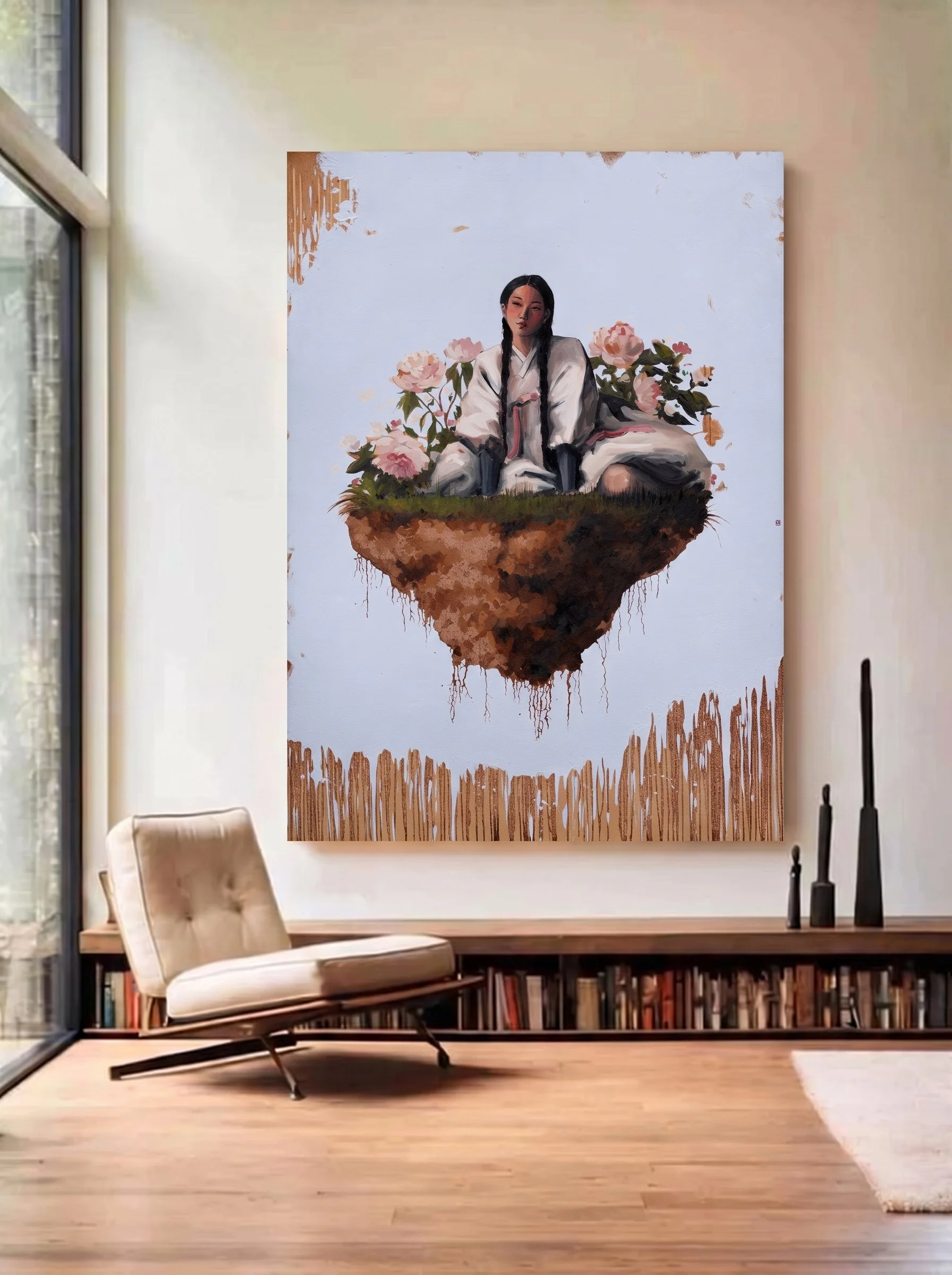 Room mockup of Moran above a low bookshelf beside a lounge chair – woman in hanbok on floating earth among peonies, oil on linen by Marina Ogai