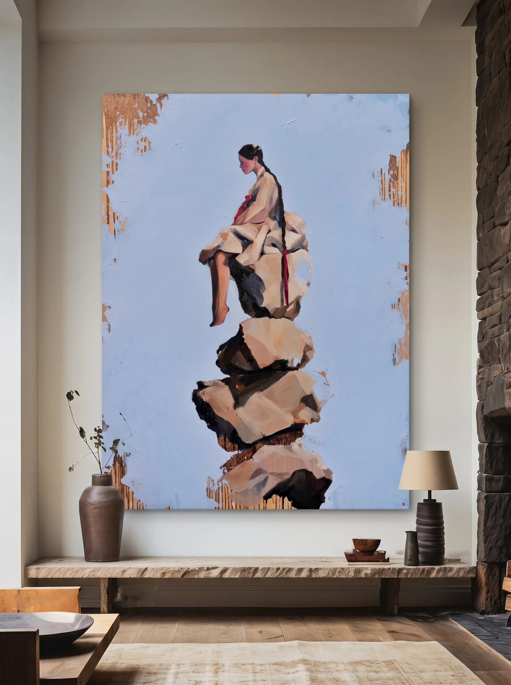 Room mockup of Cairn above a low bench with a vase of branches and a table lamp – woman in hanbok atop stacked stones, oil on linen by Marina Ogai
