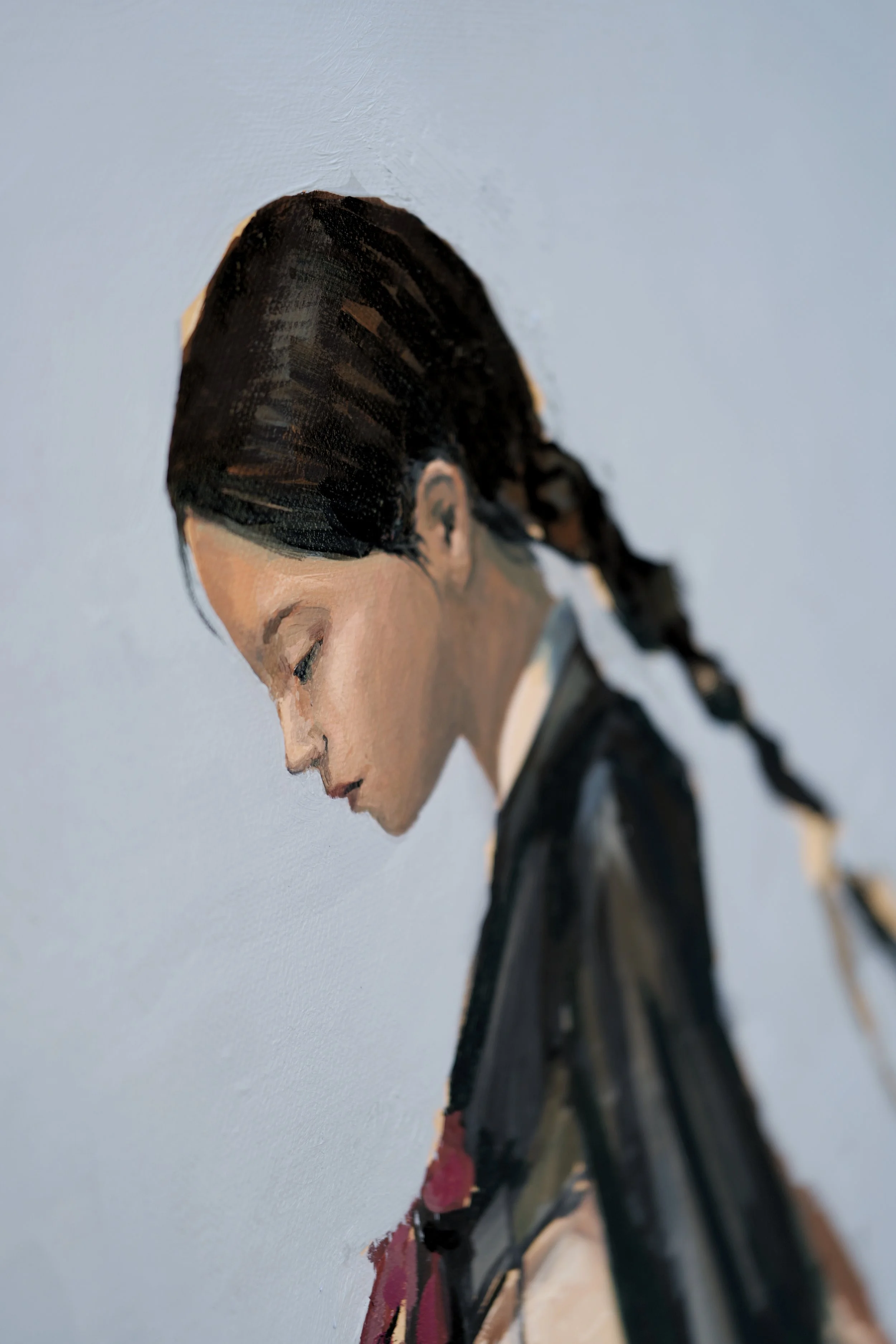 3. Close view of a woman's downturned profile and long dark braid in loose brushwork, oil on canvas, from Given by Marina Ogai