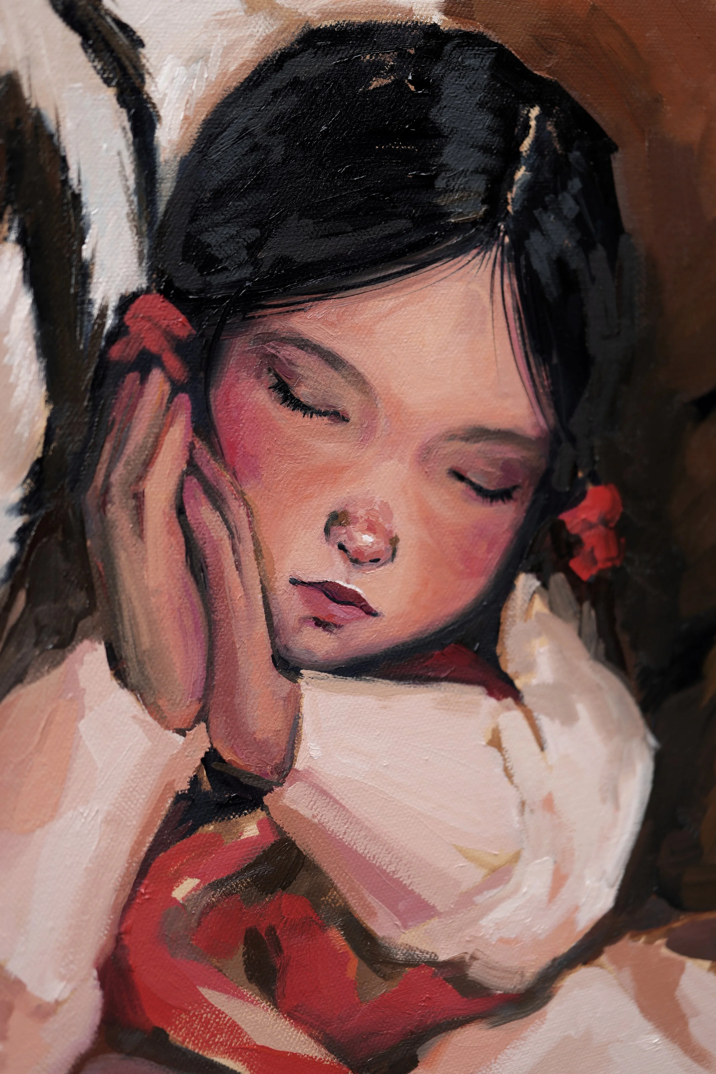 Close-up of a sleeping girl with black hair and red ribbons, cheek resting on her hands, oil on linen detail from Sanctuary by Marina Ogai