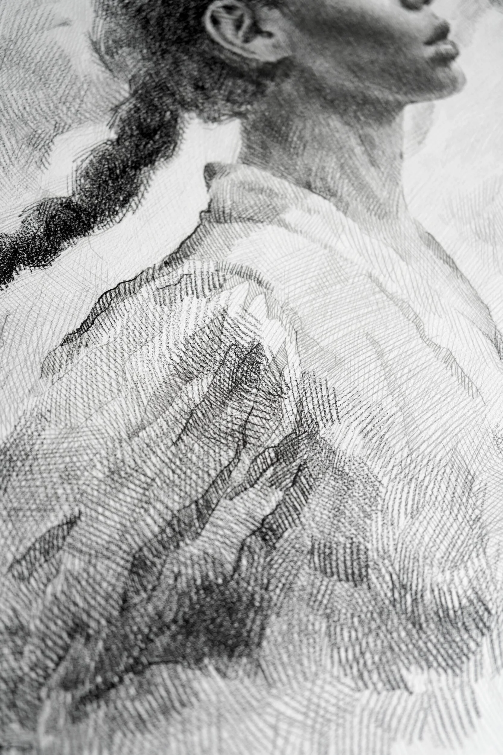 Detail of Striving or Fleeing by Marina Ogai: the braid and shoulder of the running figure