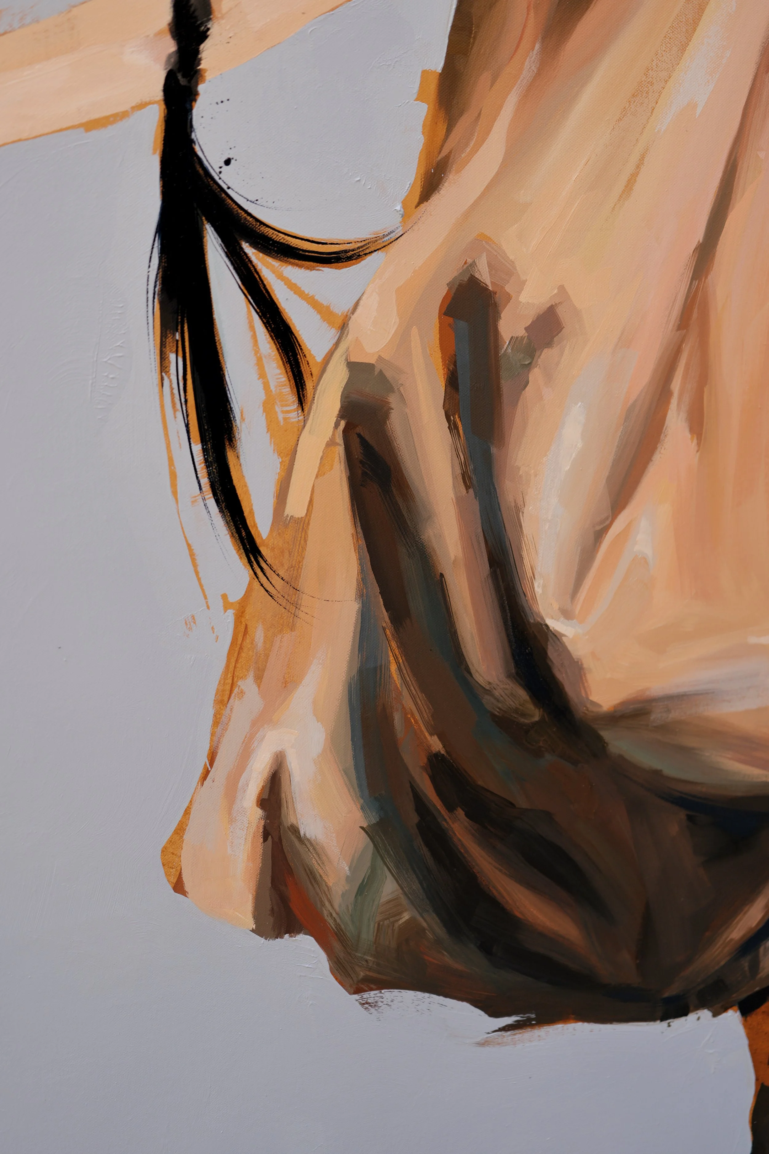 Detail of a black braid crossing pale folds of a hanbok sleeve, thick oil strokes on linen, from Given by Marina Ogai