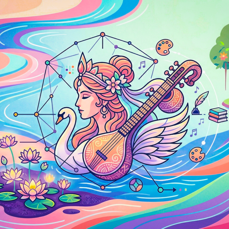 Colorful illustration of a woman with flowers in her hair, a swan, a guitar with wings, and elements like books, paint palettes, and musical notes in a whimsical landscape.