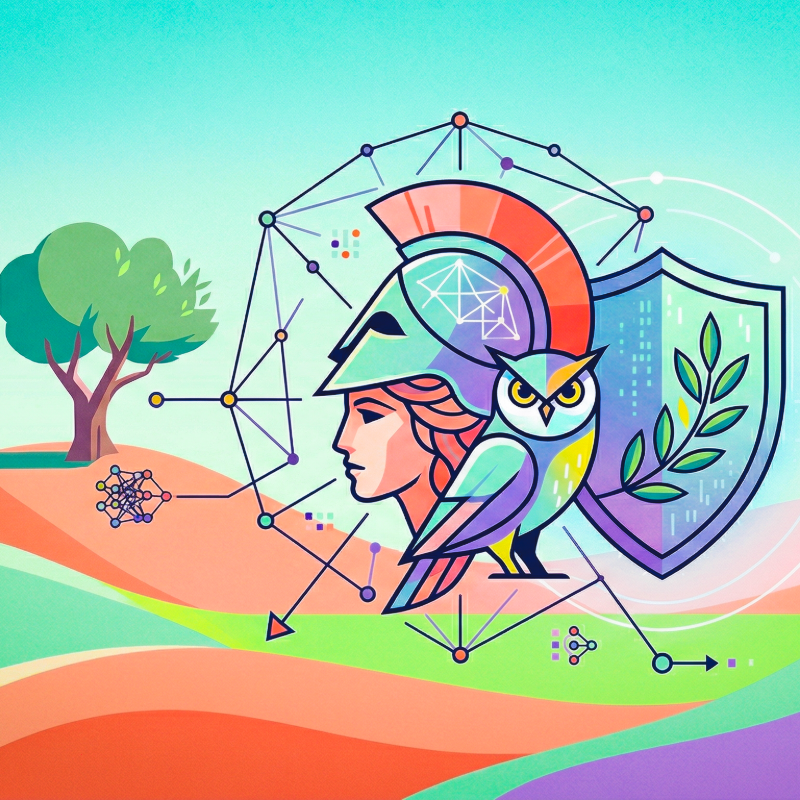 Illustration of a woman’s profile with a helmet, an owl perched on her shoulder, and a tree in the background. Digital and geometric elements symbolize technology, knowledge, and protection.