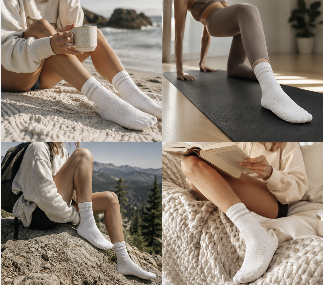Various scenes of women wearing white SOLÉ socks in different settings, including at the beach, doing yoga indoors, hiking outdoors, and reading indoors.