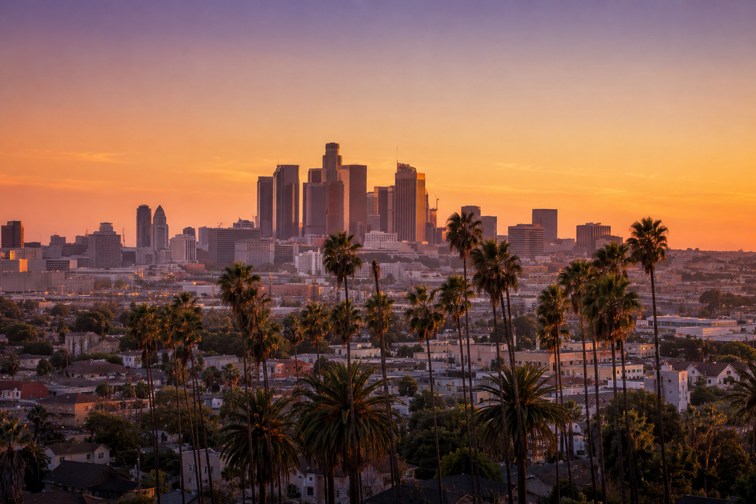 Sunset over downtown Los Angeles with tall skyscrapers; foreground includes palm trees and residential houses.