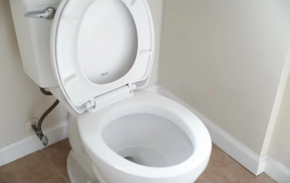Toilet with open lid in a bathroom next to a wall and floor.
