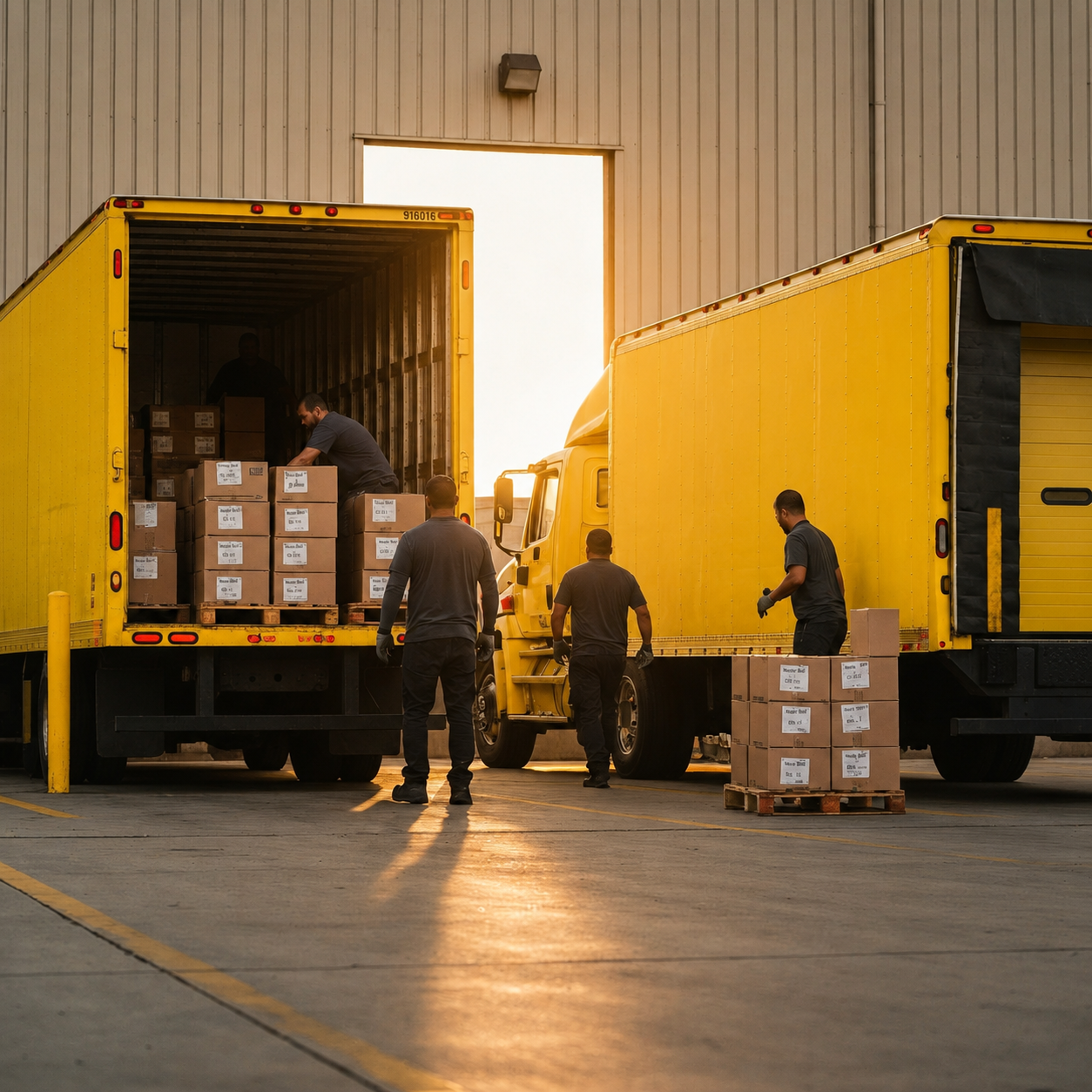 Workers unload boxes from a yellow delivery truck outside a warehouse during sunset.