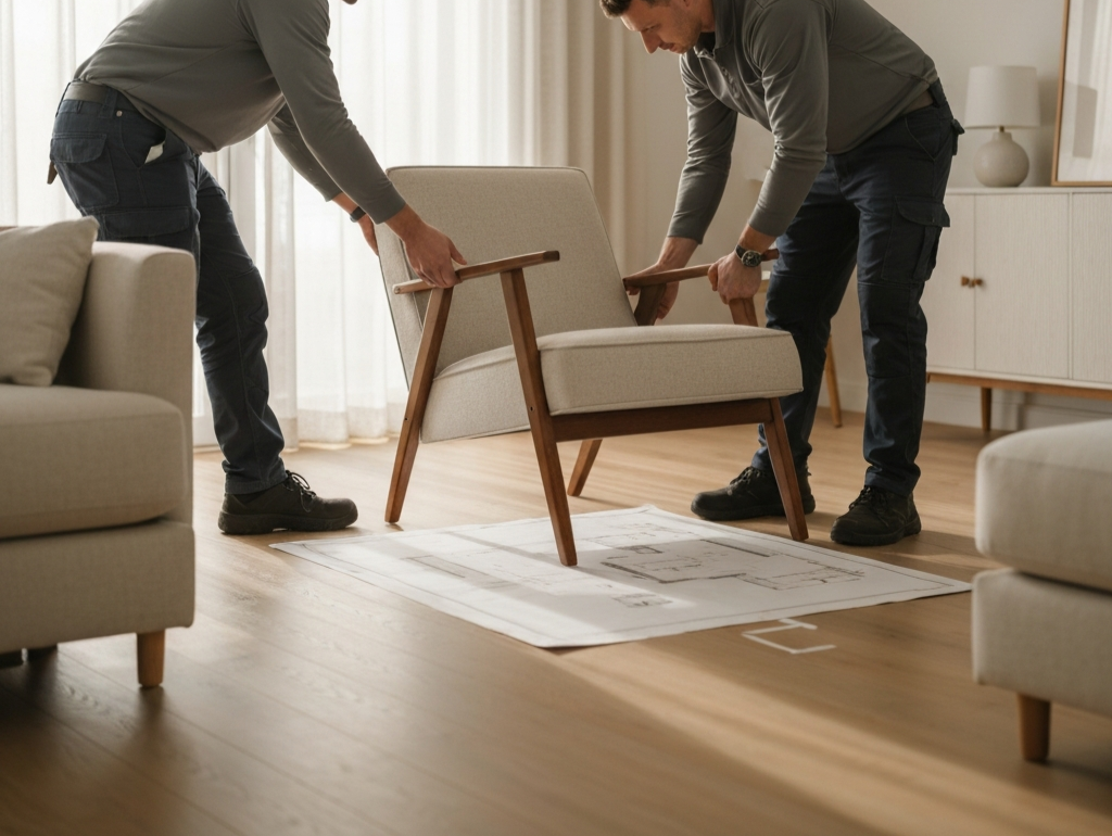 Two men assembling a mid-century modern armchair in a living room with light wood floors and white curtains.