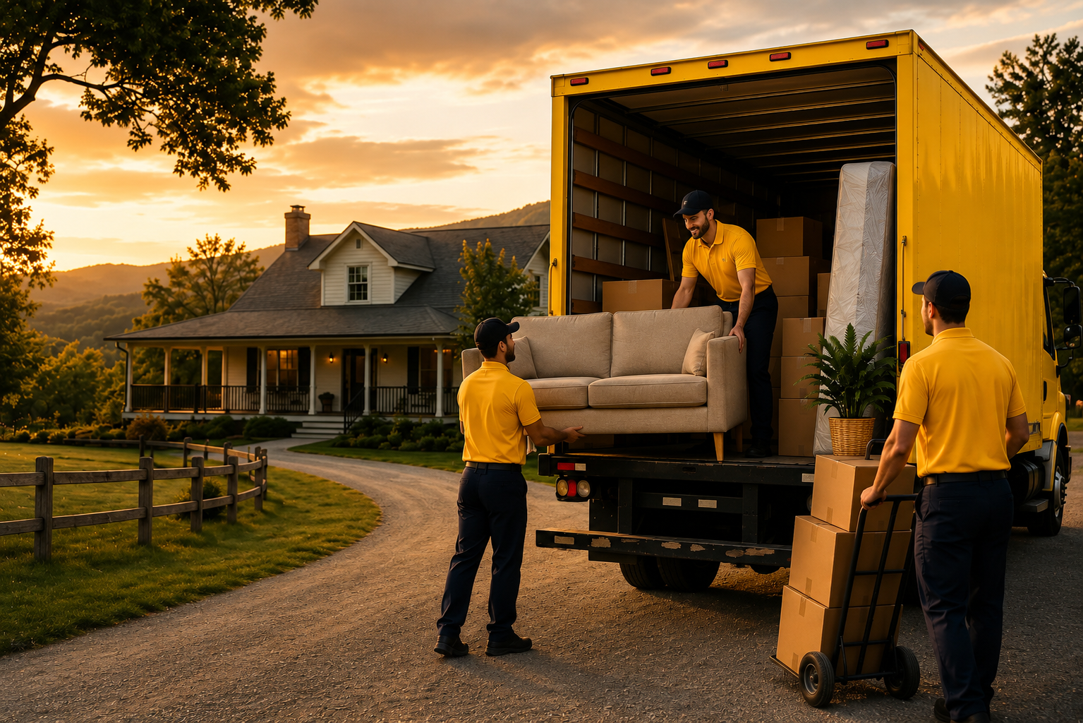 Men unloading furniture from a yellow moving truck in front of a house at sunset.