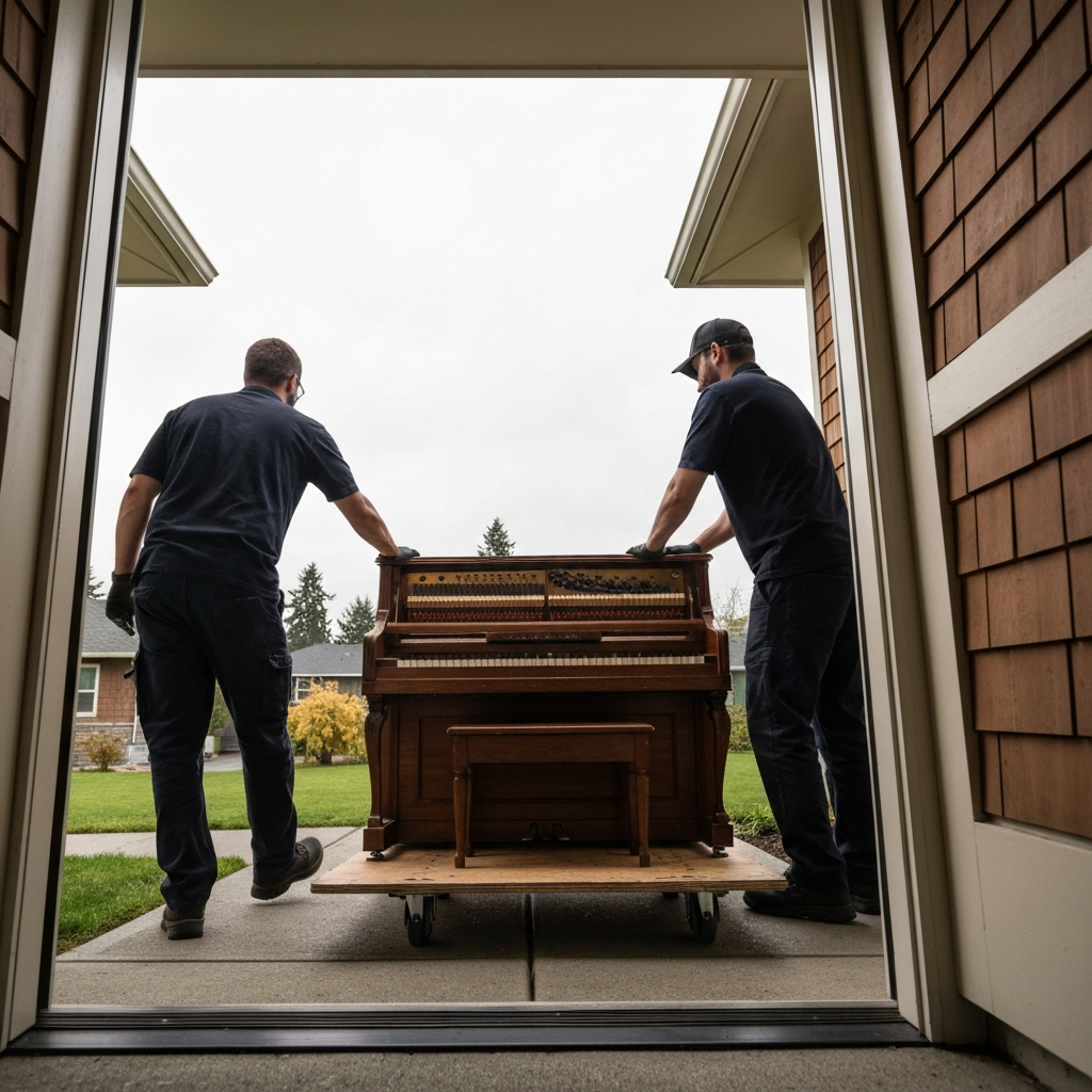 Two movers are transporting a piano outdoors on a dolly, passing through a doorway from the interior to the outside yard.