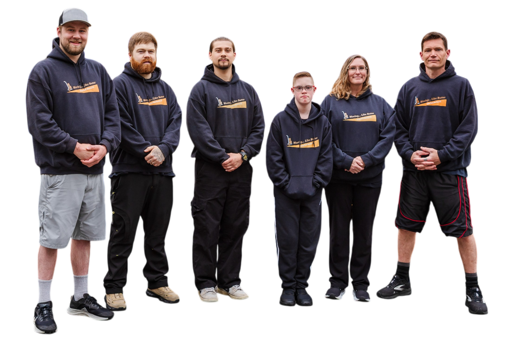 Group of six people standing outdoors, wearing matching navy blue hoodies with a logo and text that reads 'Moving. Like Butter'.