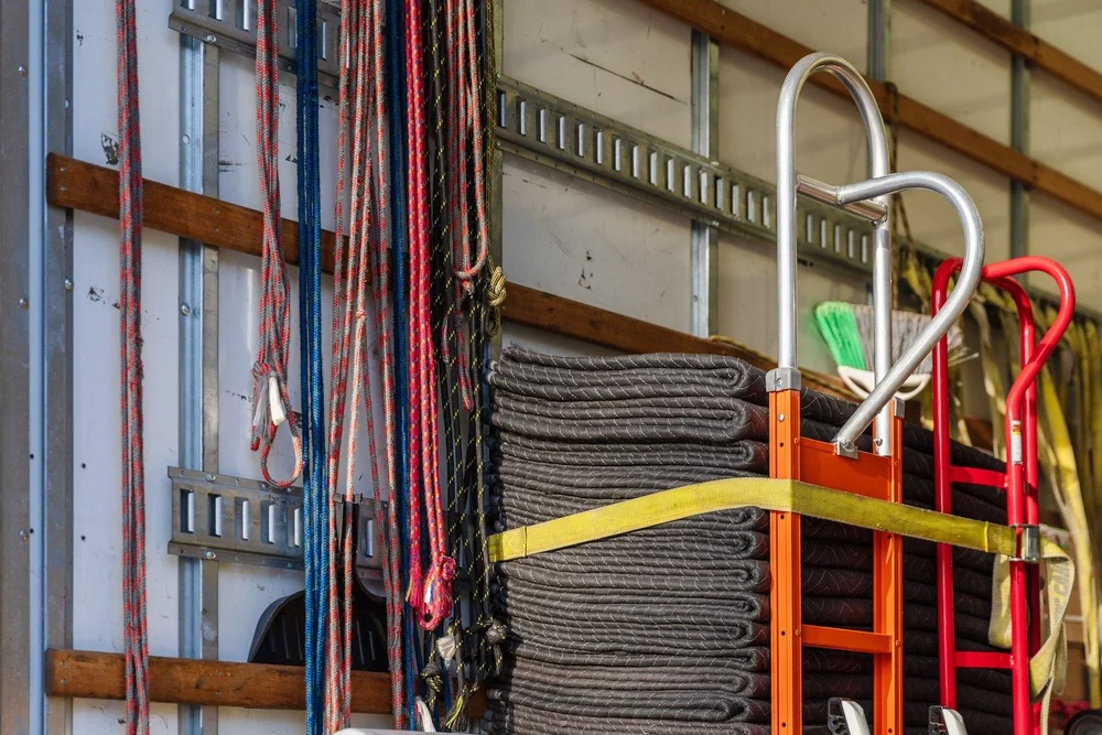 Stack of moving blankets and straps beside a hand truck inside the truck, move in Milwaukie