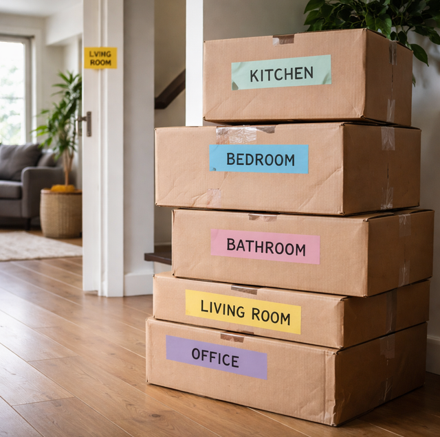 Stacked cardboard moving boxes labeled with colored tape and markers
