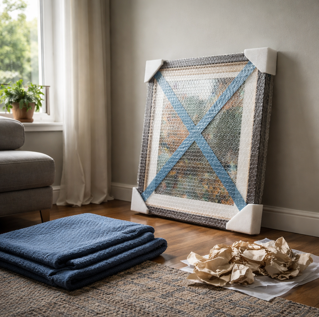 Conservation-grade foam wrapping antique gilded frame